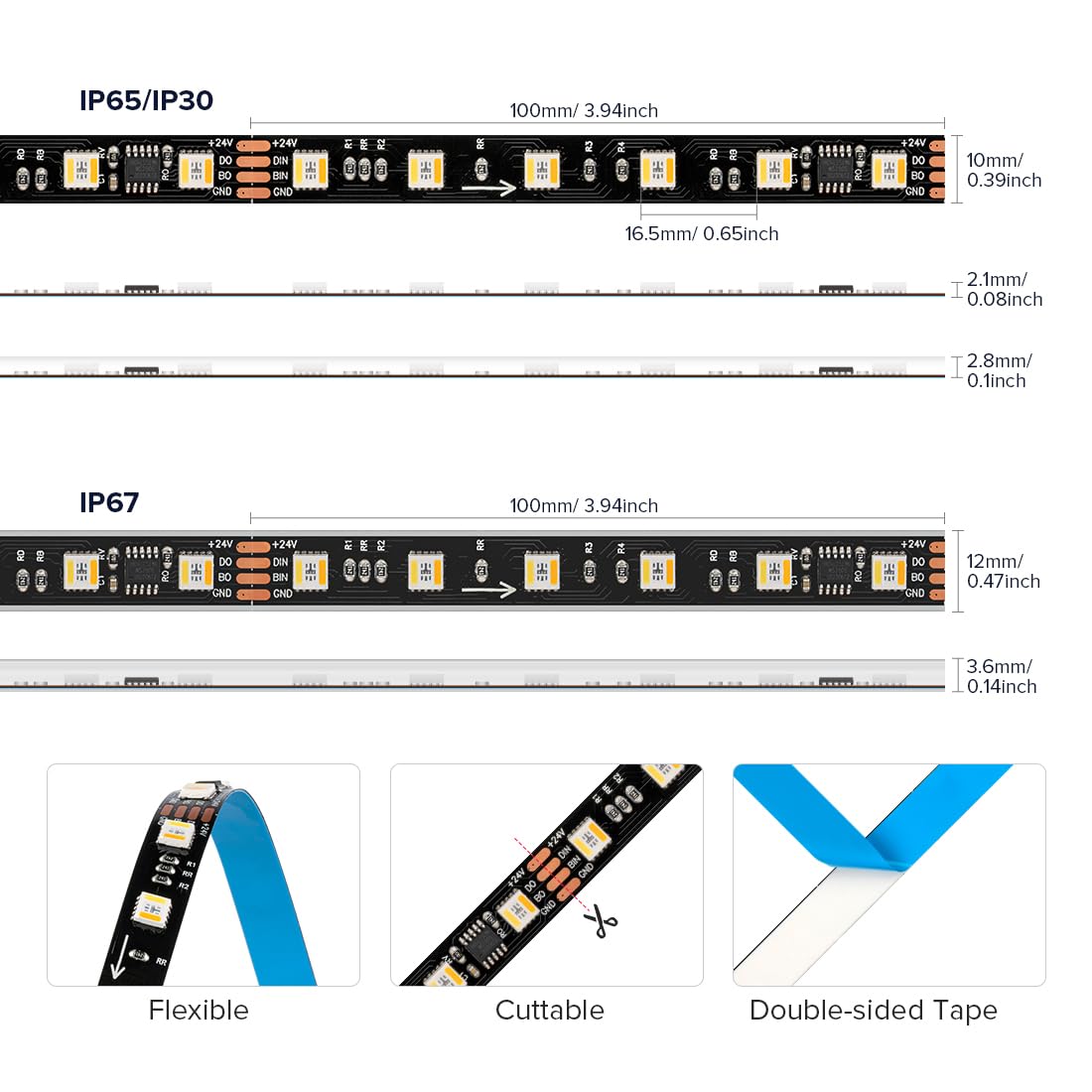 BTF-LIGHTING WS2805 RGB+CCT LED Strip 16.4FT 60LED/m DC24V IP30 Black