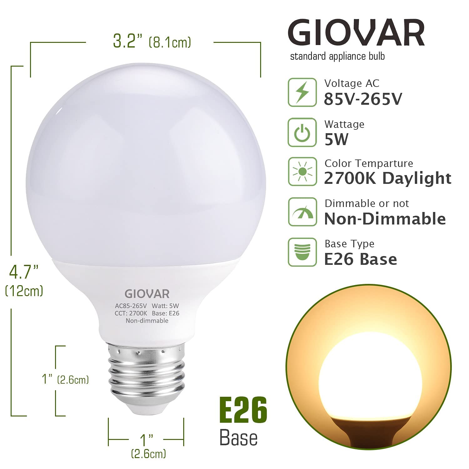 Giovar 8-Pack G25 Led Vanity Light Bulbs 120V 40 Watt Equivalent, E26 Base, 2700K Warm White Led Globe Light Bulbs For Bathroom