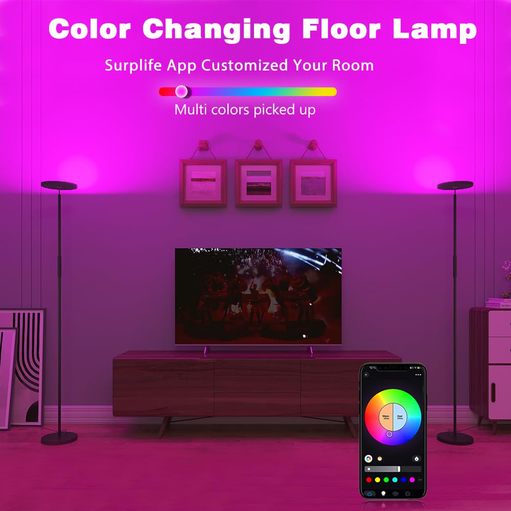 Yhw Living Room Floor Lamp, Smart 2000Lm Bright Floor Led Lamps, 16 Million Rgb Dimmable Color Temperature Standing Tall Lamp With Remote Touch Button, Adjustable Angle Floor Lamp For Bedroom Office.