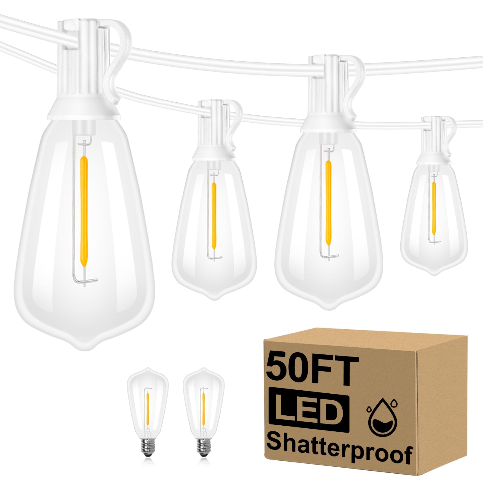 Brightever 50FT Outdoor String Lights Weatherproof, Patio Lights with 25+2 ST38 Edison Shatterproof Bulbs, Commercial Grade Warm