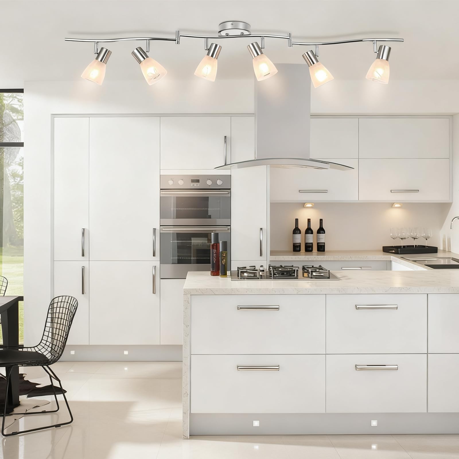 HiBay 6-Light Adjustable LED Track Lighting Fixture, Modern Metal Spotlight with Glass Shade, E12 Base, Kitchen & Living Room, No Bulbs Included