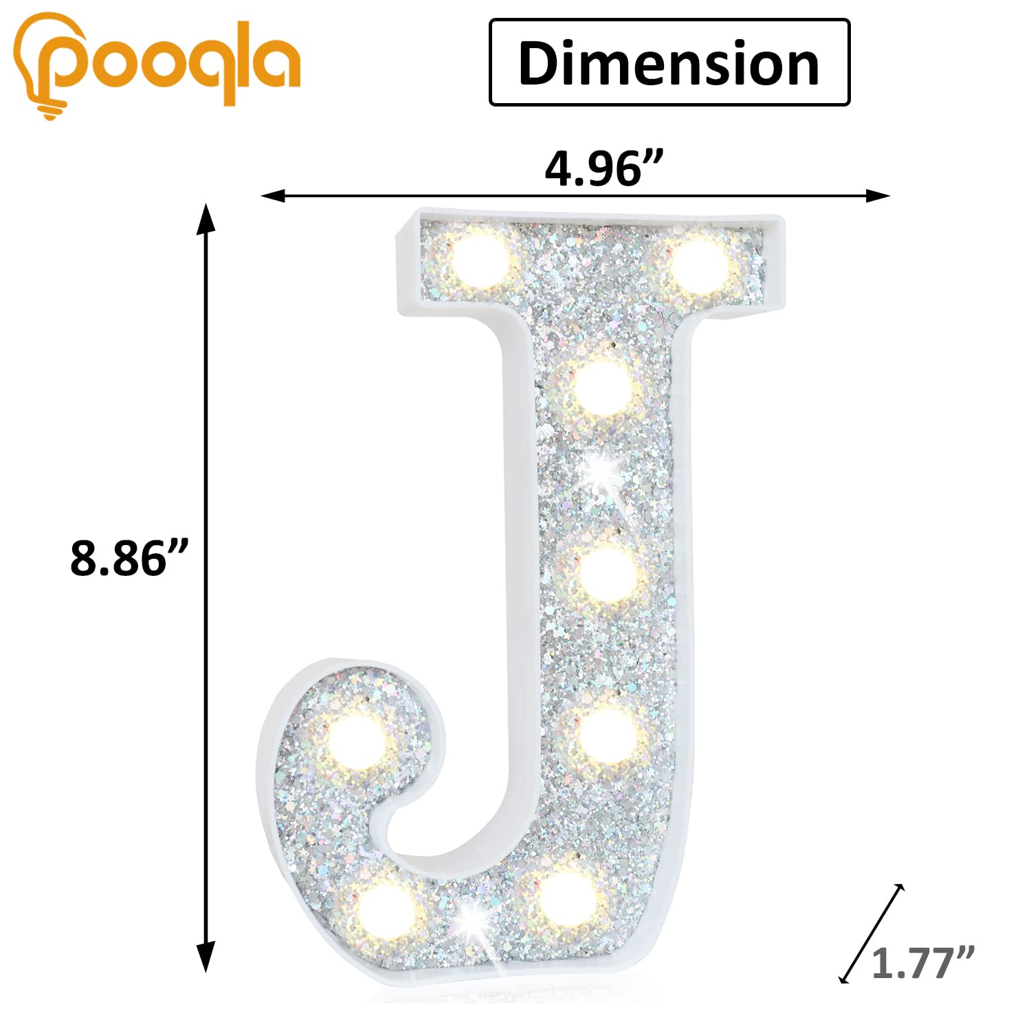 Pooqla LED Marquee Letter Lights - Battery Powered Silver Glitter Alphabet Sign for Home Bar, Party, Wedding, Christmas - Sequin Silver J