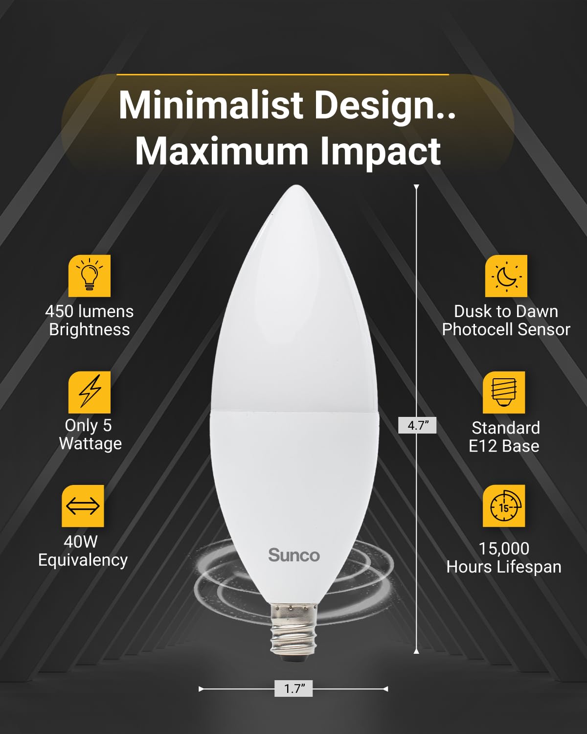 Sunco Dusk To Dawn Light Bulbs Outdoor Light Sensing B11 Led Candelabra Bulb, Photocell Sensor 5W=40W, 2700K Soft White, 450 Lm,