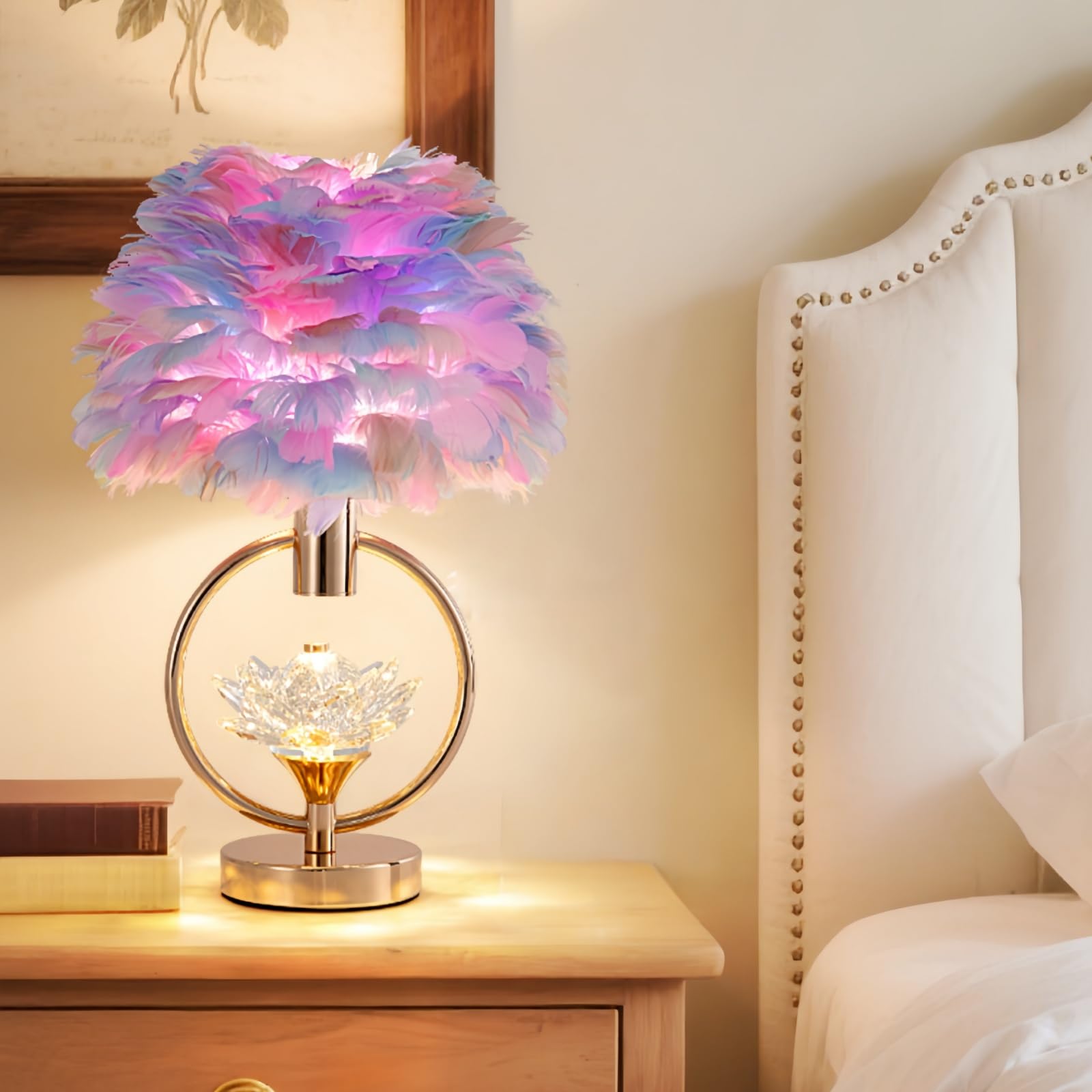 ZYLEISENBAO Colorful Feather Lamp 17IN Unique Fluffy Table Lamp Crystal Feather Bedside Nightstand Lamp Nordic Desk Light for Girl Bedroom Wedding Christmas Gift Deco Living Room Entry Office