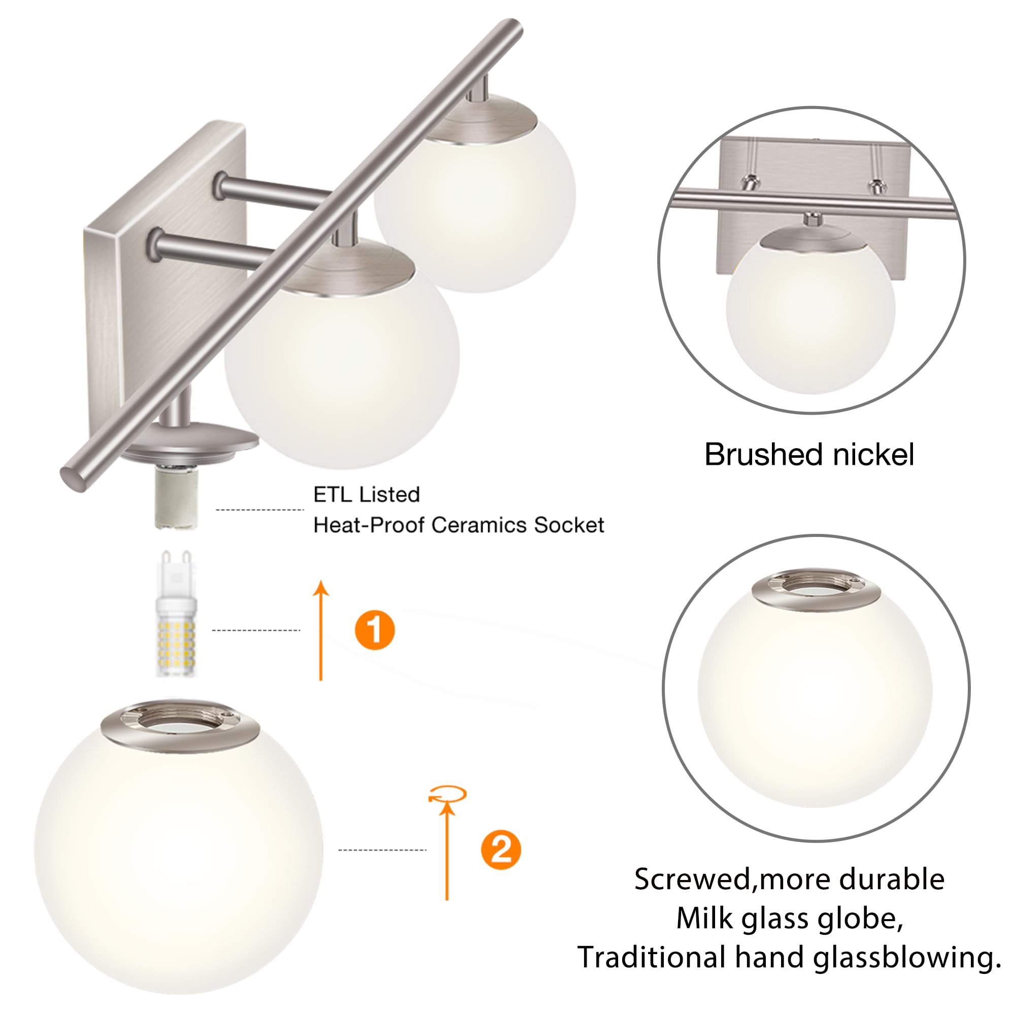 YHTlaeh New Bathroom Vanity Light Fixtures 3 Lights Brushed Nickel Glass Shade Modern Wall Bar Sconce Over Mirror