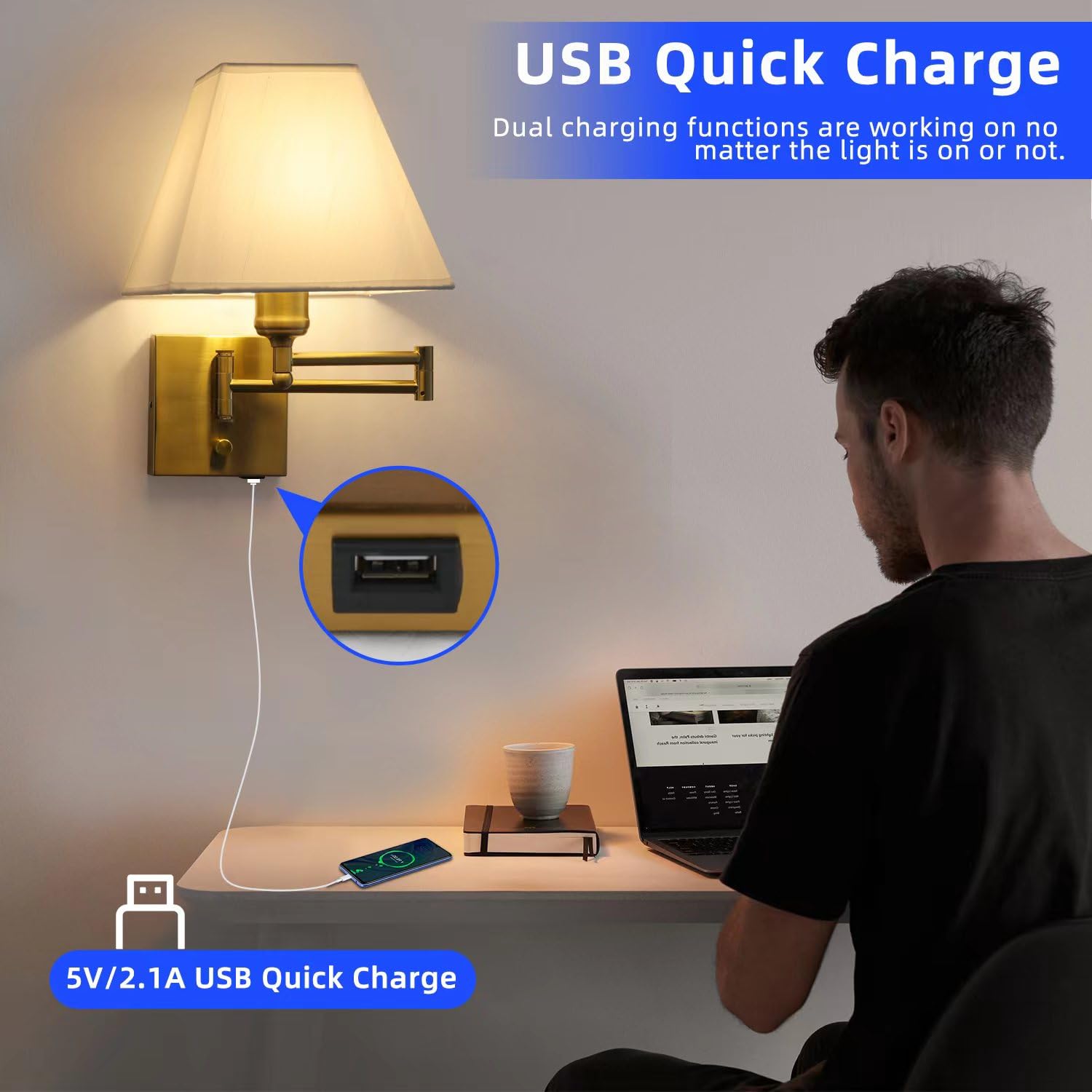 PULLCU Wall Mounted Lamp, Dimmable Swing Arm Sconce, Gold, Metal, Model JDS-BD-009, USB Port, Suitable for Hallway, Bedroom, Living Room