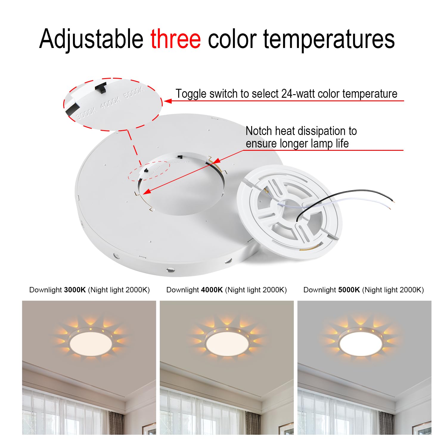 Anmaice Flush Mount LED Ceiling Light, 12-inch, Selectable 3000K/4000K/5000K, Modern White Fixture for Bedroom, Dining Room, Kitchen