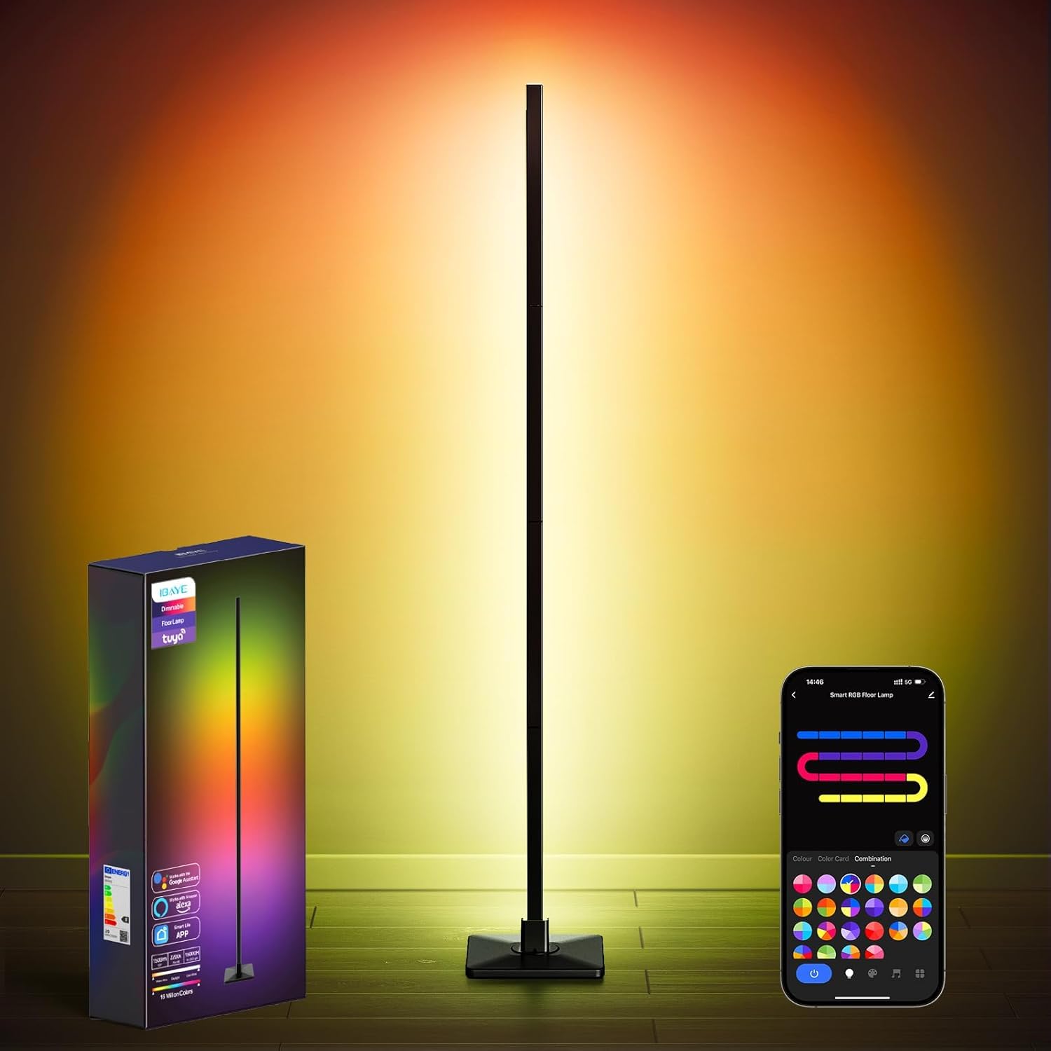 ibaye RGBICW Floor Lamp, 60 Inch Detachable Corner Light, Iron, Black, Compatible with Alexa & Google Assistant