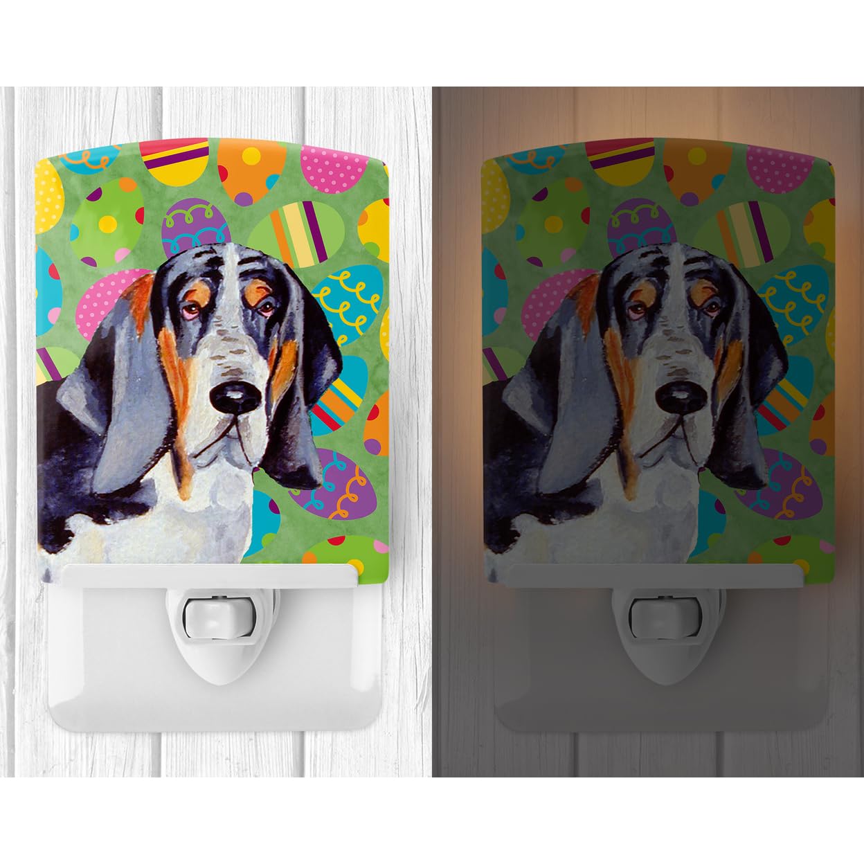 Caroline'S Treasures Lh9417Cnl Basset Hound Easter Eggtravaganza Ceramic Night Light Compact, Ul-Certified, Ideal For Bedroom, Bathroom, Nursery, Hallway, Kitchen, 6X4X3, Multicolor