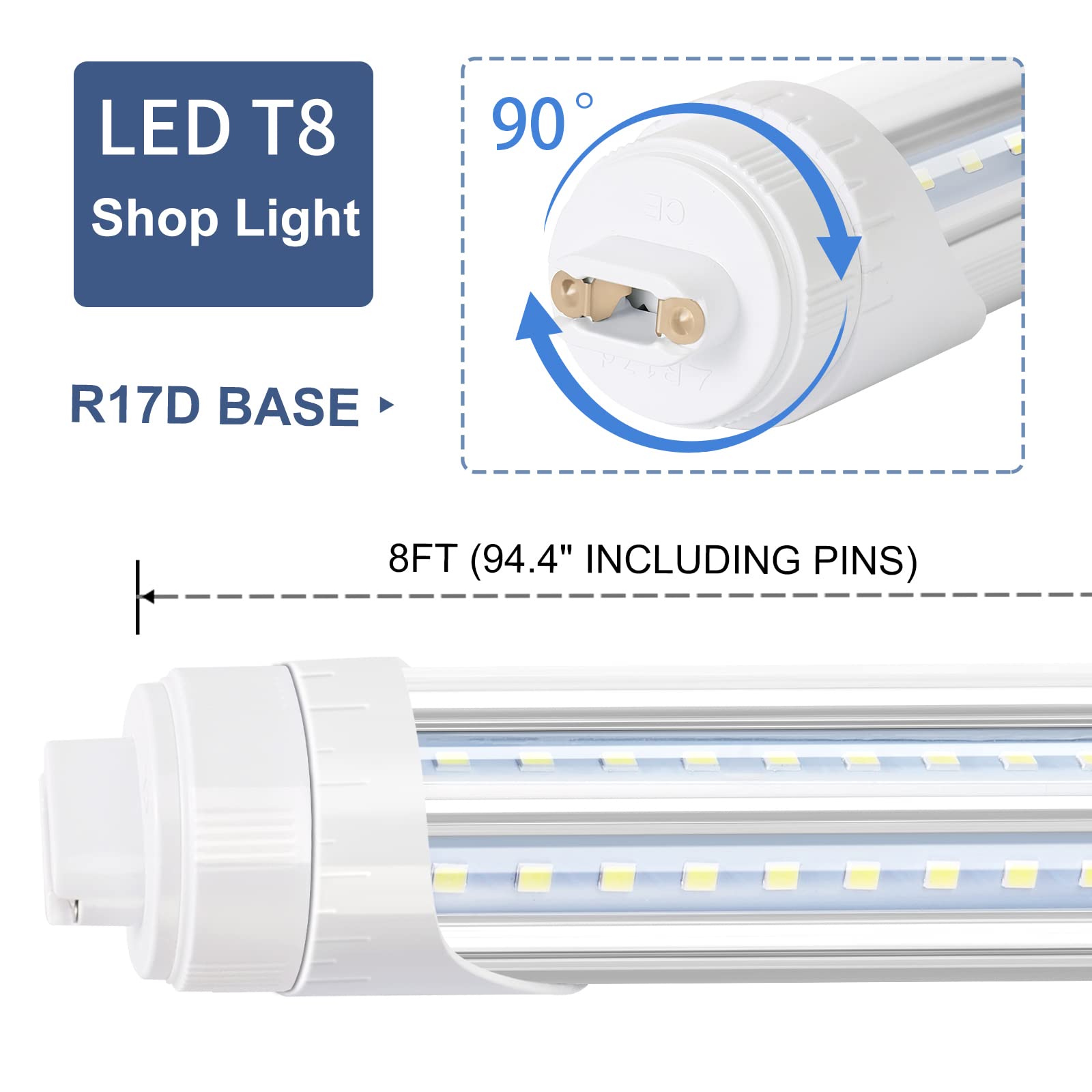 Led Shop Light 8Ft Tube, 2 Pin Led Tube Lights, V Shaped, R17D Ho Rotatable Led Bulb, 90W, Clear Cover, Cold White 6000K, Fluore