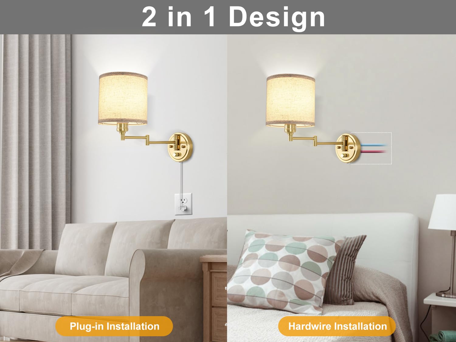 Goodate Plug In Wall Sconces With Remote Control  Dimming & Adjustable Colors 2700K-6500K  Hardwire Or Plug-In  Swing Arm Wall Lamp With Linen Fabric Shade  Wall Sconces Set Of Two  Gold Finish