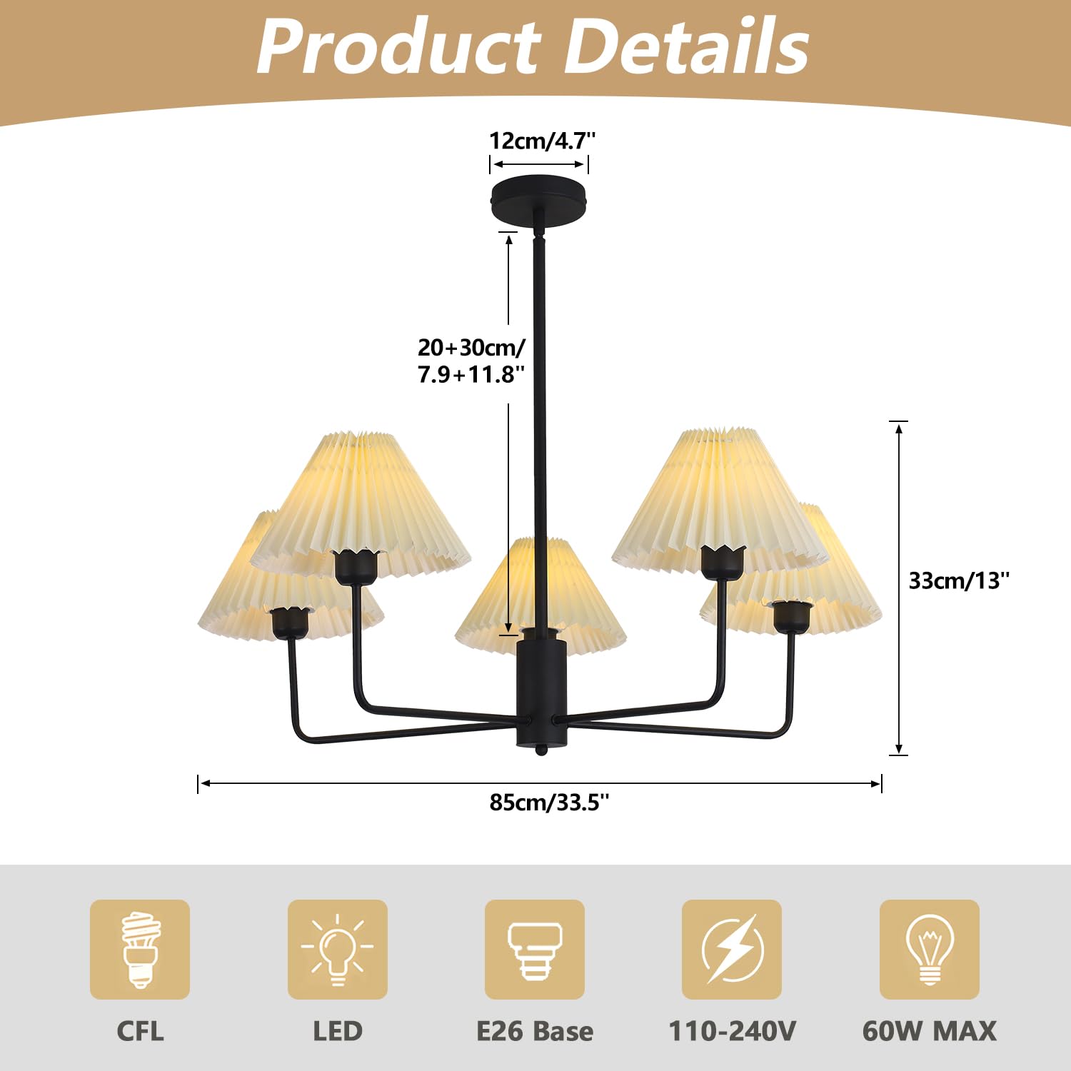 Kco Lighting Vintage Pleated Fabric Ceiling Light Fixture Mid Century Modern Black Chandelier Contemporary Large White Chandelie