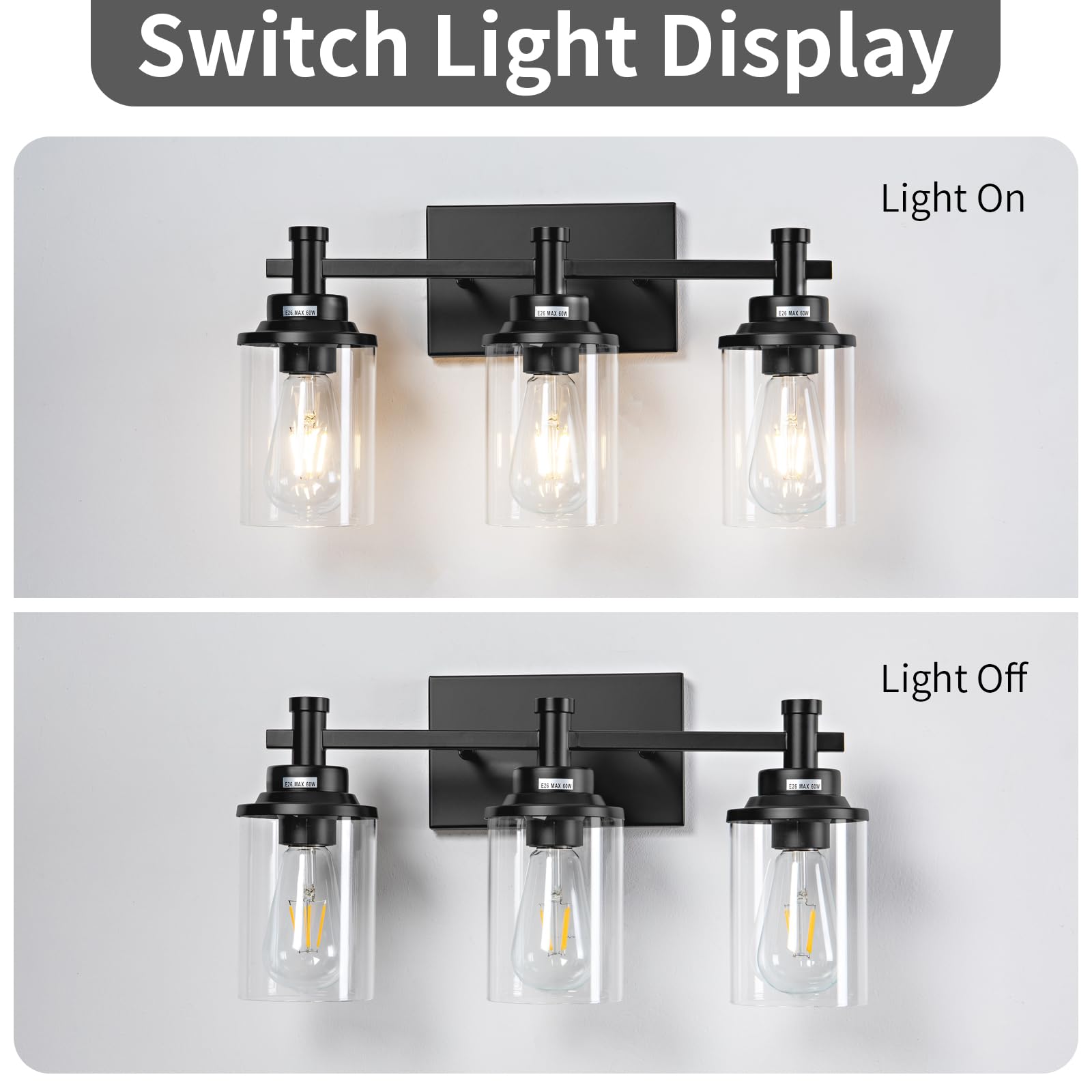 Aixialin 3 Light Bathroom Light Fixtures, Modern Black Vanity Lights Over Mirror, Wall Sconce With Clear Glass Shade And Metal B