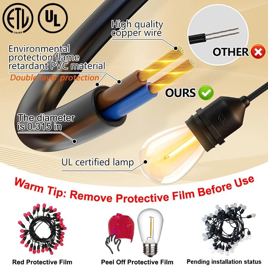 EIKOSON 50FT Outdoor String Lights - Waterproof, 32 Bulbs, Remote & Dimmer, Black, Commercial Grade, Model EIK-48FT-30