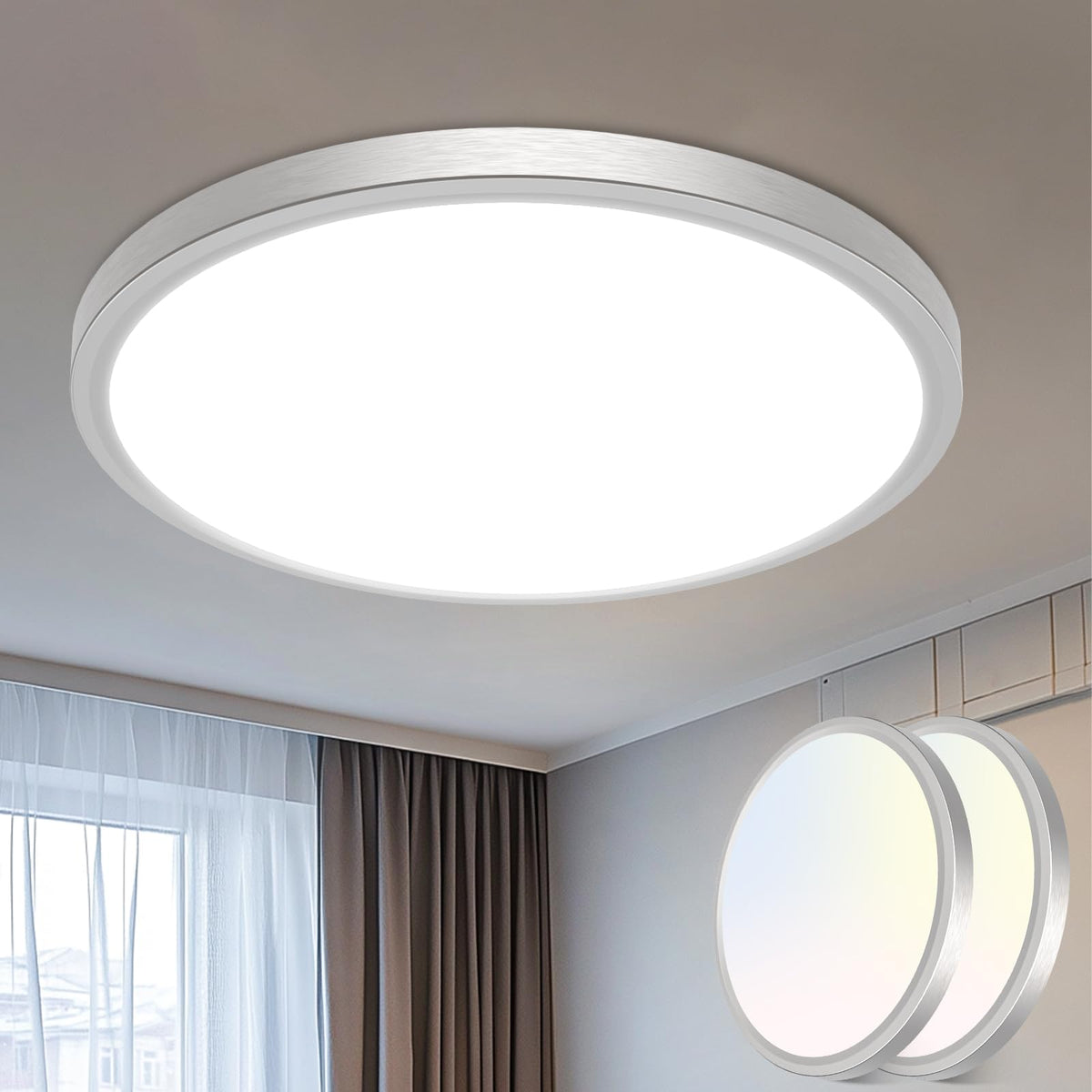 Libtit 16 Inch Flush Mount Led Ceiling Light Fixture, 3000K 4000K 6500K Adjustable, 36W 3600Lm Brushed Nickel Satin Round Ceilin