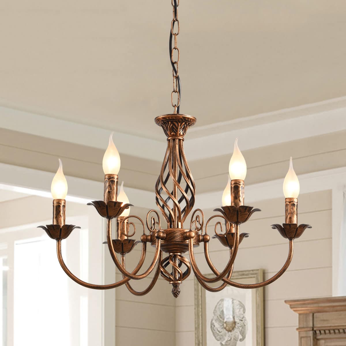 Jaycomey Farmhouse Chandelier Bronze, Rustic 6 Light French Country Iron Pendant Light Fixture, Vintage Metal Chandelier For Din