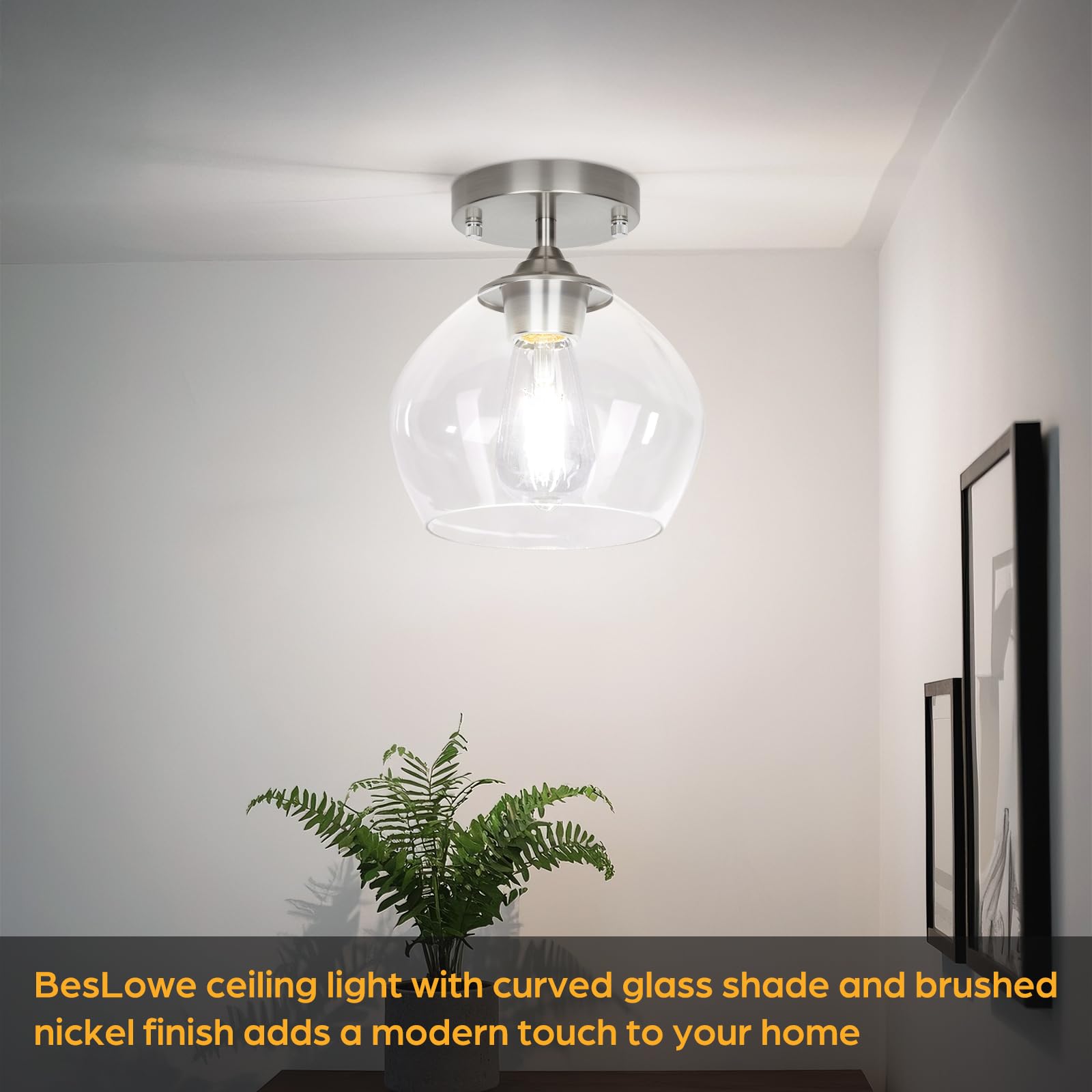 BesLowe Modern Semi Flush Mount Ceiling Light, Nickel, Glass Shade, Model C2508-01-SN, Ideal for Hallway, Bedroom, Dining Room