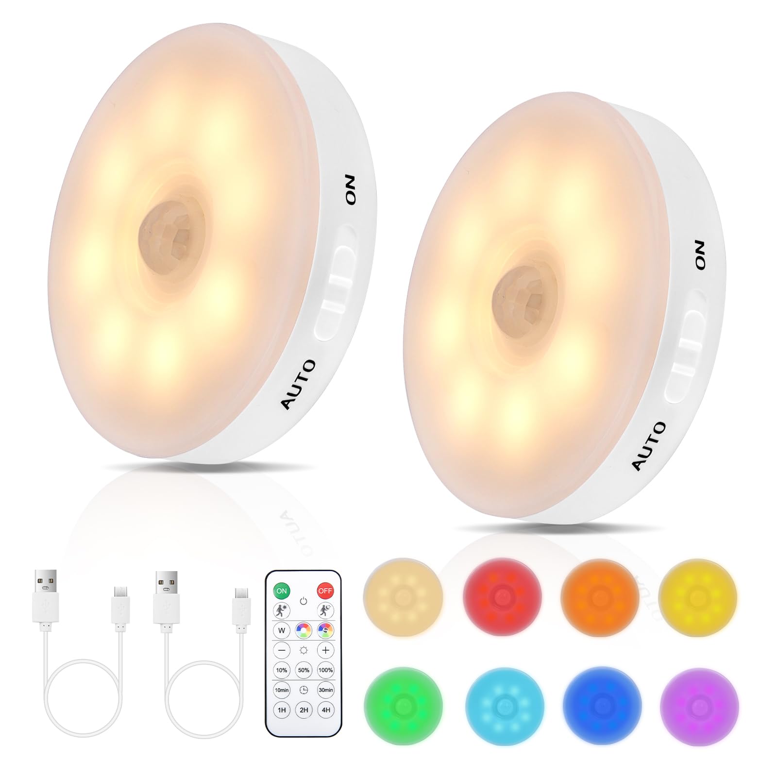 Okerich RGB LED Rechargeable Motion Sensor Night Light with Remote, Bright & Dimmable & Long-Lasting Battery, Stick-On Puck Ligh