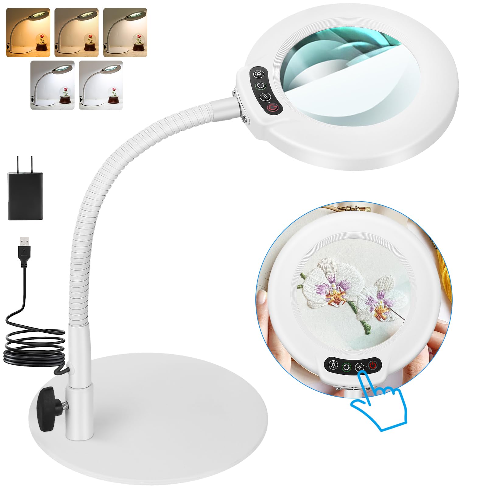 IVMAIE 10X Magnifying Glass with Light, Flexible Gooseneck Lighted Magnifier with Stand, 5 Color Modes Dimmable LED Desk Lamp Ha