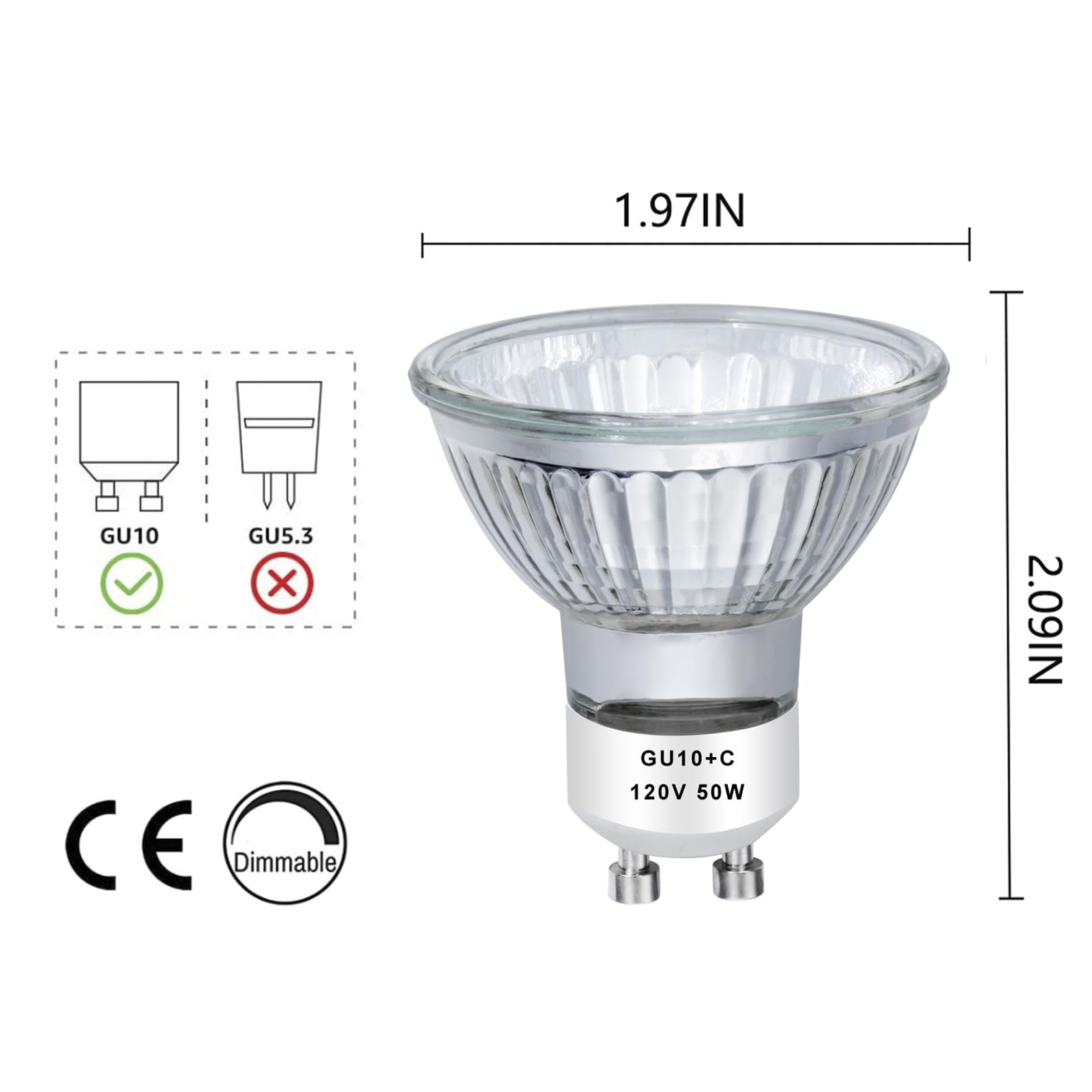 Ahevo Gu10 120V 50W Halogen Bulb Mr16 Glass Cover Gu10+C Bulb 2700K Warm White Dimmable, 50W Replacement Bulb For Wax Burner Lig