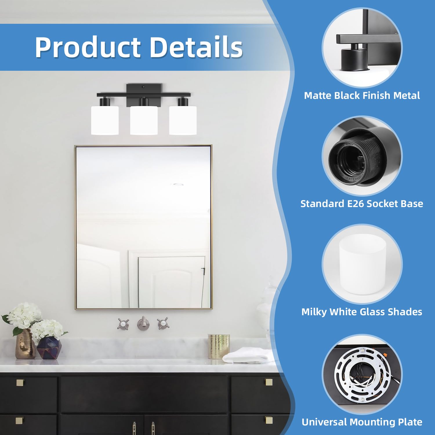 SILAMPDI 3-Light Bathroom Light Fixture, Metal Wall Sconces, Black Finish, Milky White Glass Shades, Model SLD-JQD-B-01