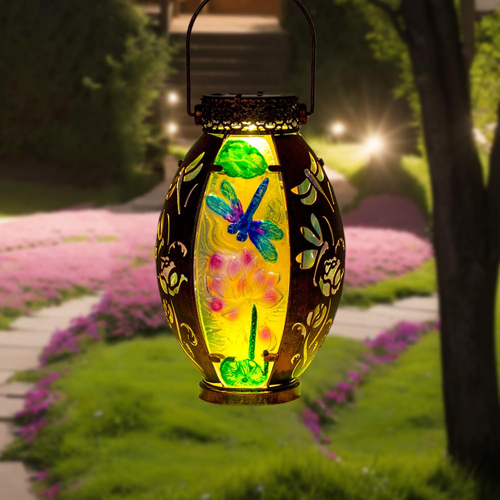 Vewogarden 2 Pack Solar Lanterns Outdoor Waterproof Hanging Decorative Dragonfly Solar Lights For Patio Porch Garden Table Decor
