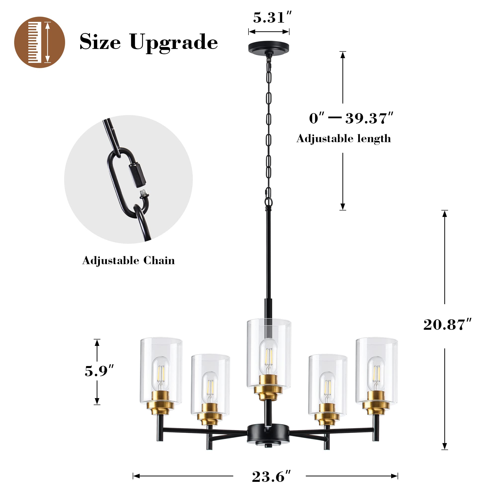 5 Lights Glass Farmhouse Chandeliers For Dining Room, Modern Kitchen Light Fixtures Over Table, Kitchen Island Pendant Ceiling Lighting , Black And Gold Hanging Light For Foyer Living Room Bedroom