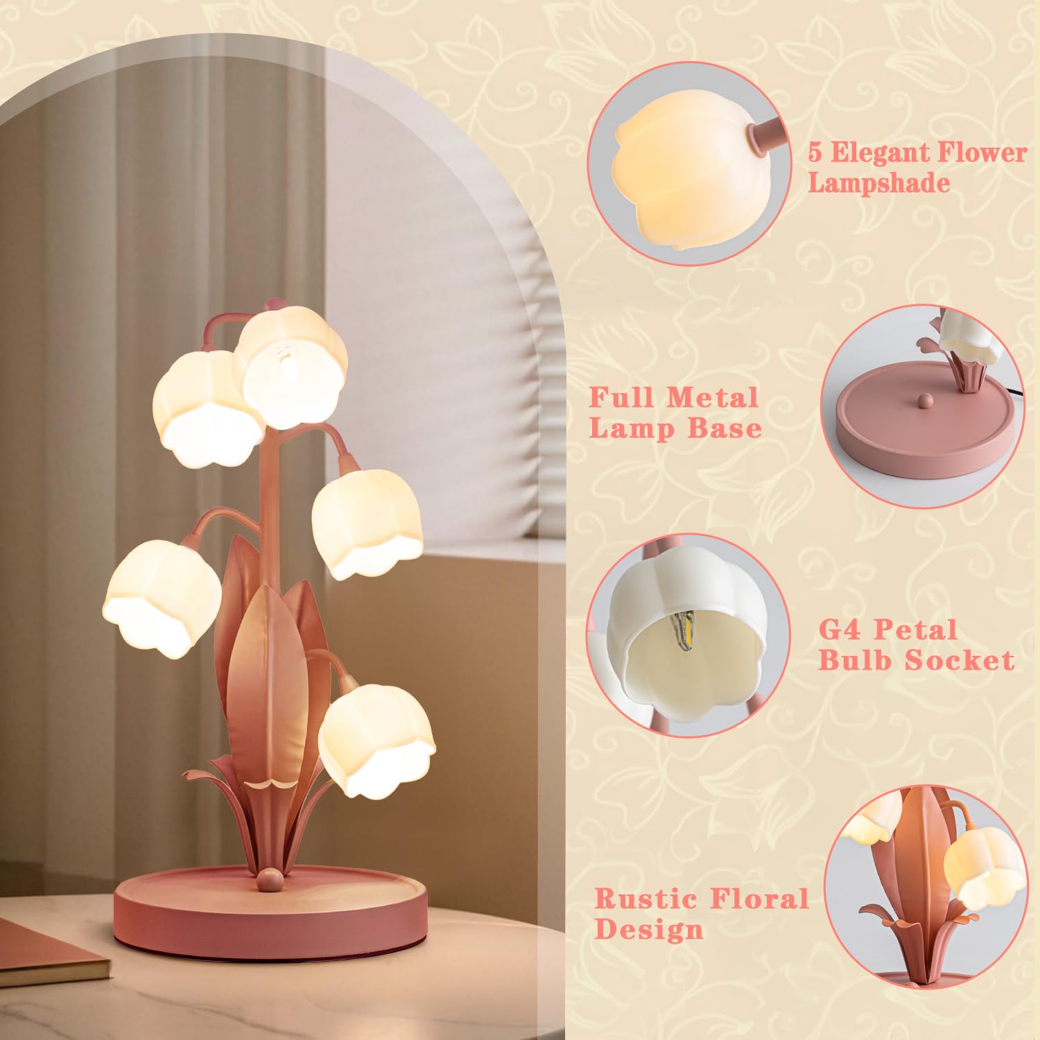 WERFOP Flower Table Lamp, Vintage Desk Lamp, 3 Color Modes, Medium Size, Pink, Model WF-TL-1218-Pink