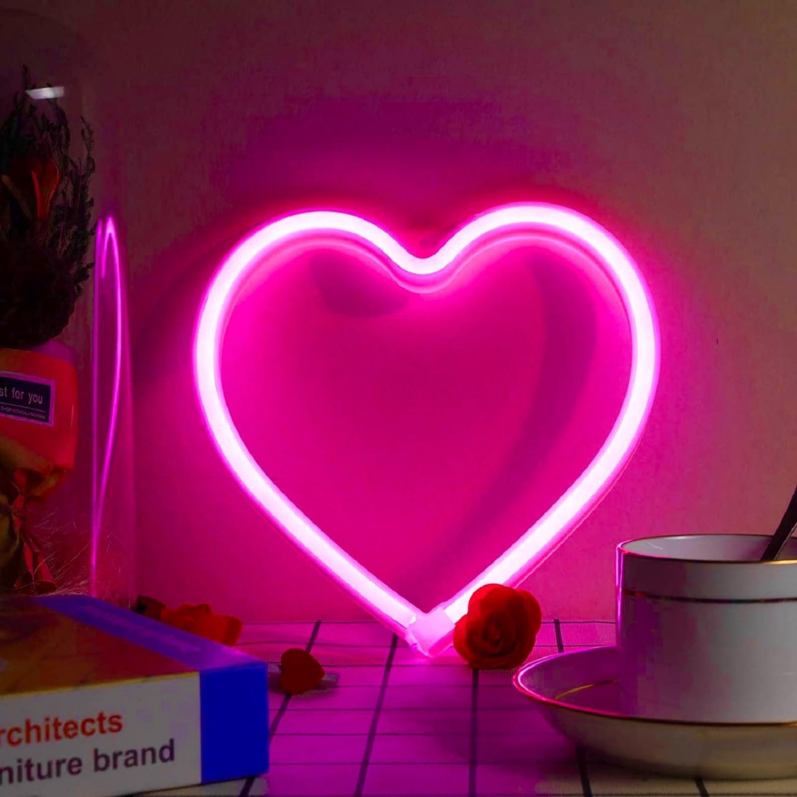 Exf Pink Heart Neon Sign - Battery Operated Led Lamp For Home Décor, Galentines Day, Wedding, GirlS Room - 1 Pack