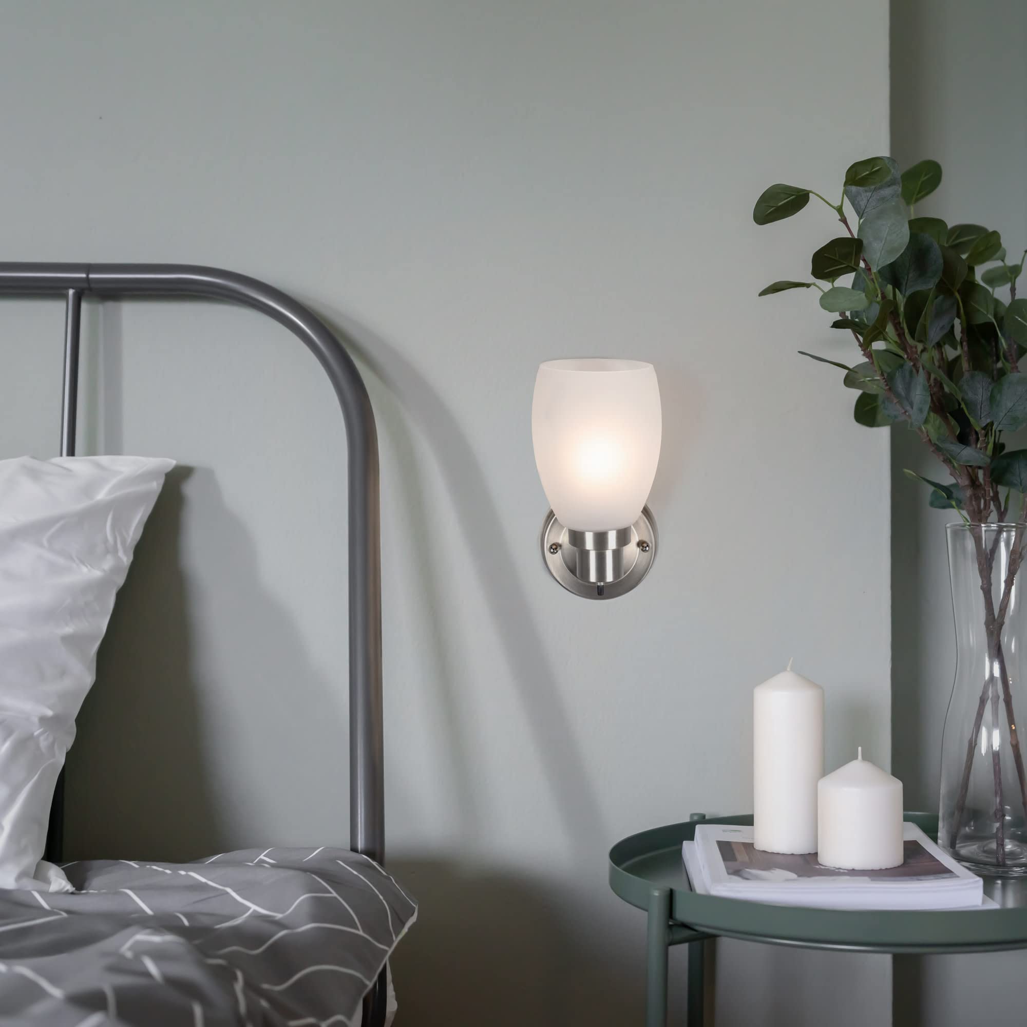 Design House Lydia Wall Sconce, 1 Light, Frosted Glass, Dimmable, Twist On/Off Switch, Satin Nickel, 4.88 In X 5.125 In X 9.75 I