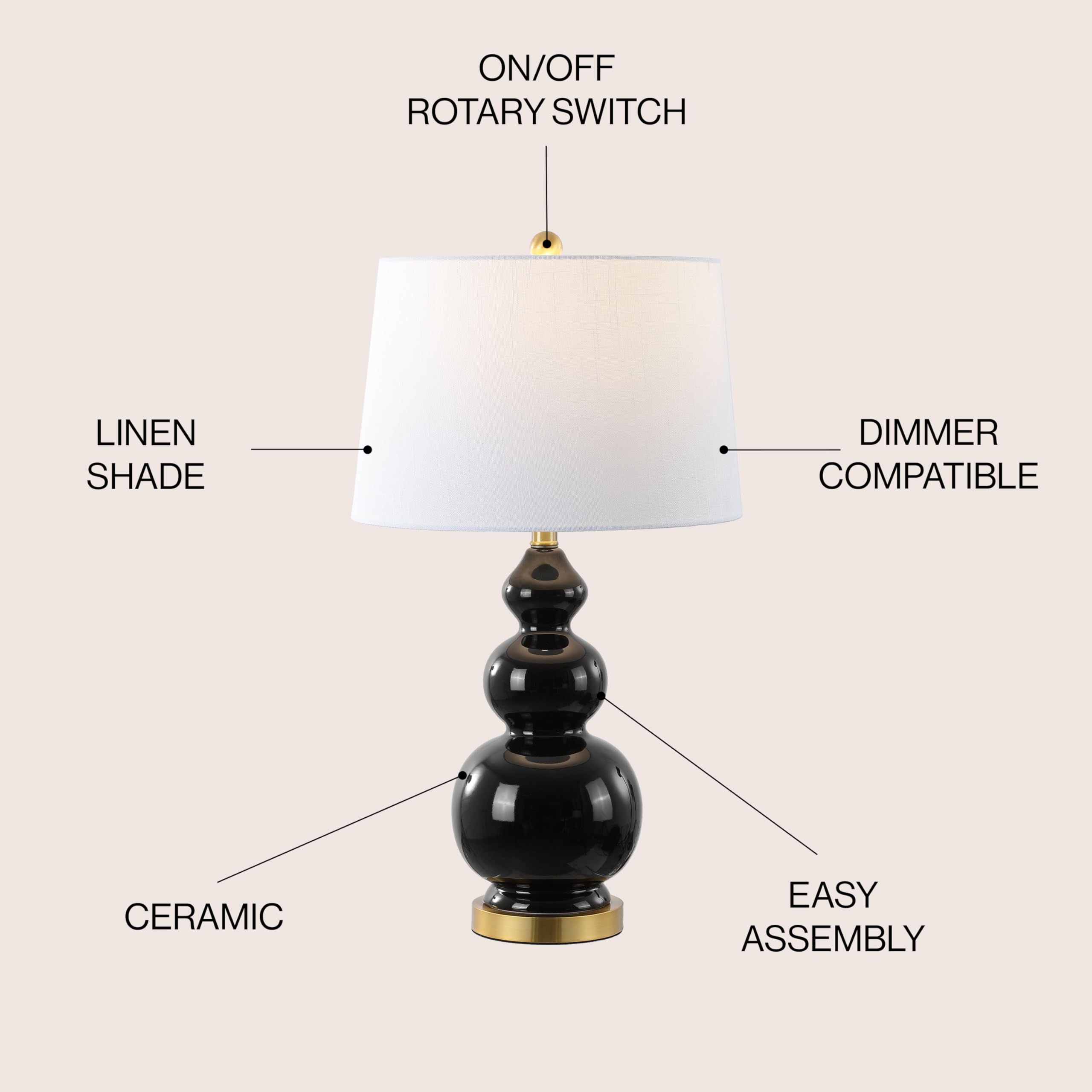 Jonathan Y Jyl4023C Bowen 27.5'' Contemporary Transitional Ceramic Gourd Led Table Lamp, Black/Brass Gold For Bedroom, Living Ro
