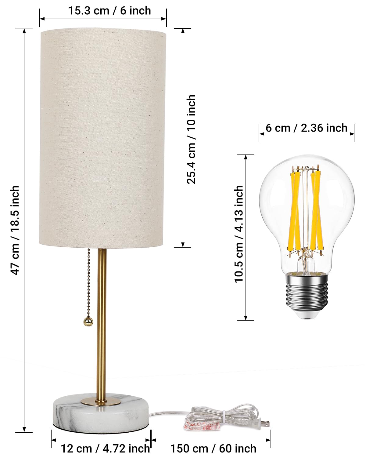 JUNNAI Bedside Table Lamp Set of 2 - 18.5" Dimmable Linen Shade, Marble Base, Gold Pole