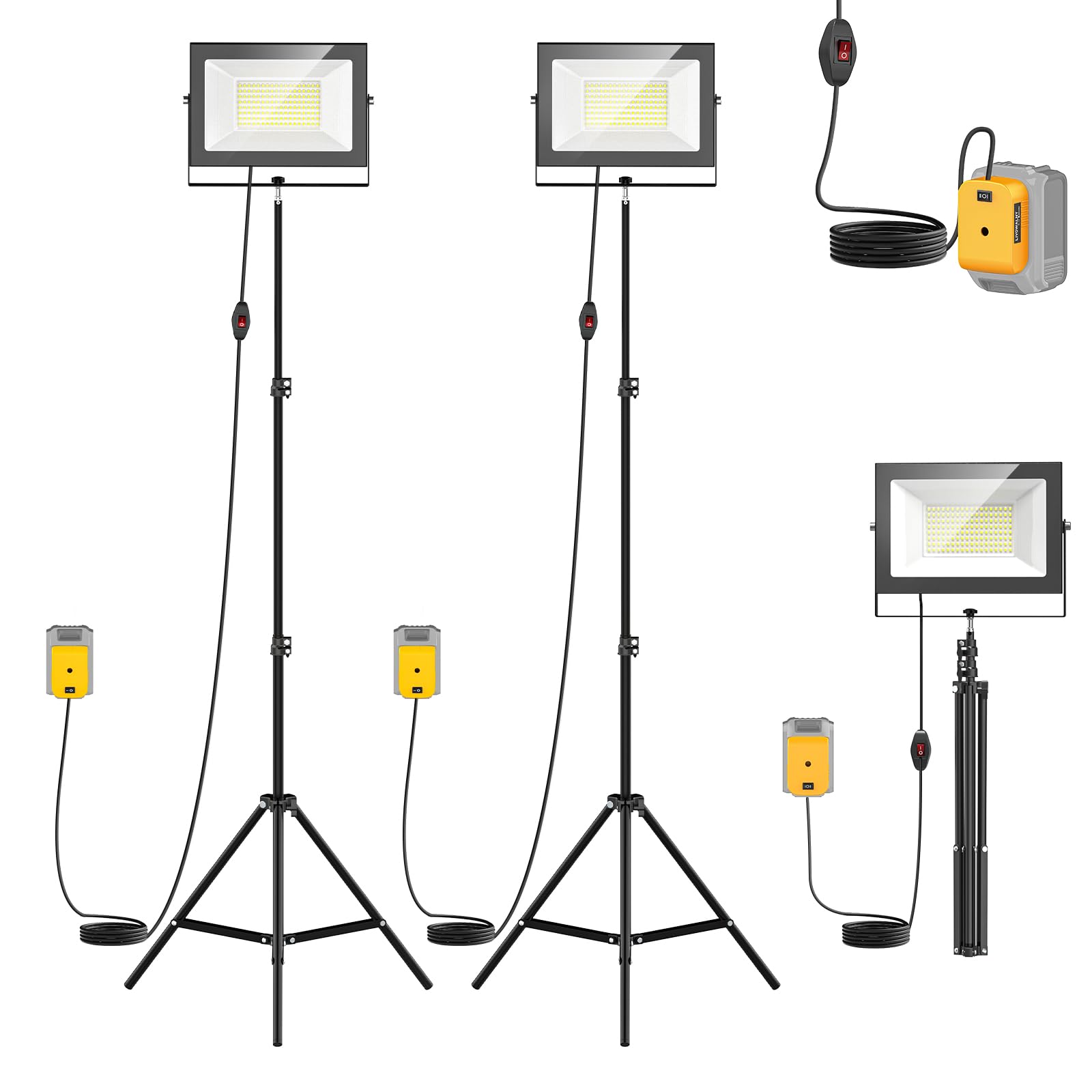 LIVOWALNY 20000LM LED Work Lights with Stand Compatible with Dewalt Battery, 2PCS 200W Portable Tower Light IP66 Waterproof with