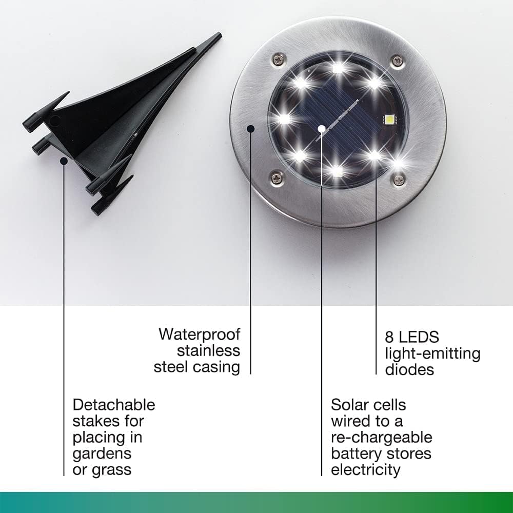 Bell+Howell Swivel Disk Lights - Solar-Powered 8-LED Landscape Lighting, Stainless Steel, Set of 16, Silver
