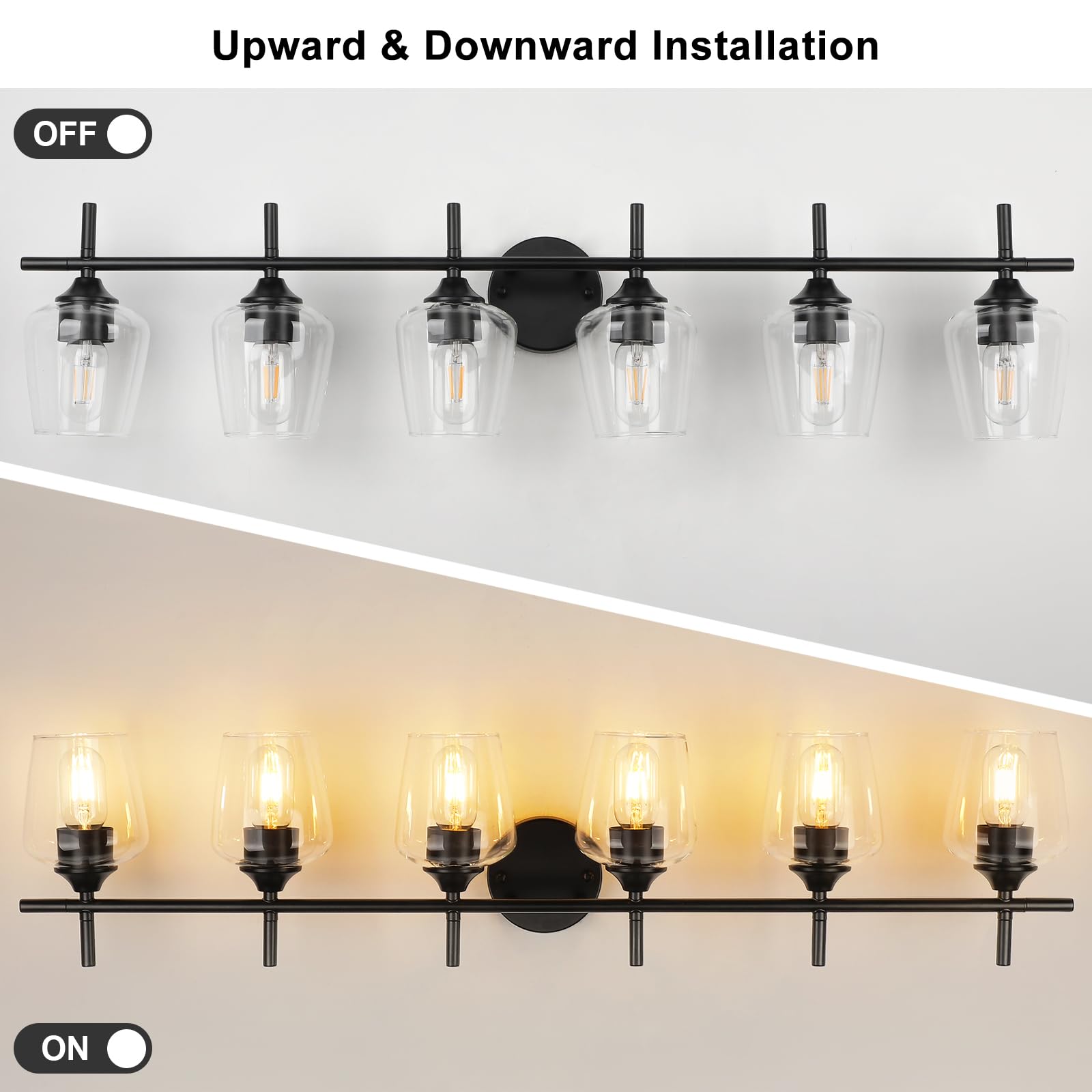 foucasal Bathroom Vanity Light Fixture, 6-Light Modern Matte Black Wall Lamp with Clear Glass Shade for Bathroom and Hallway