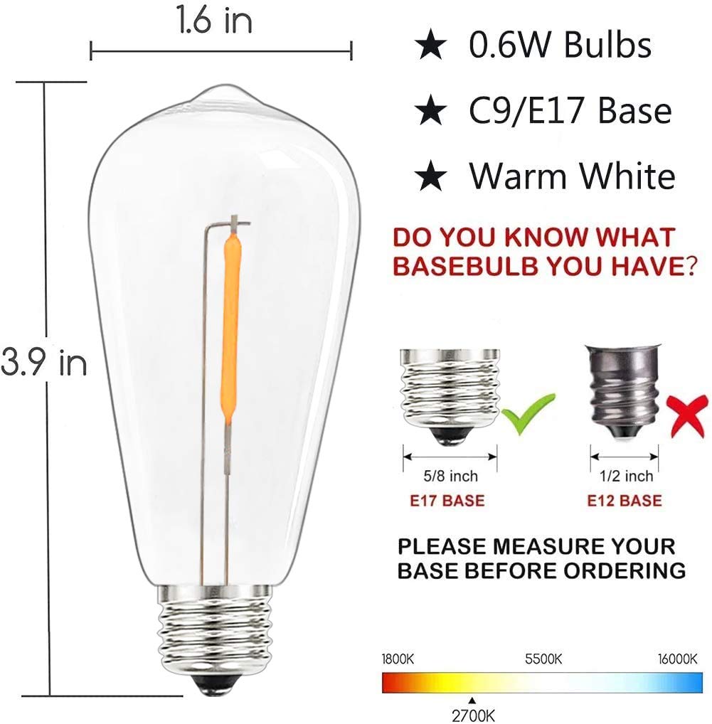 GOOTHY ST40 LED Light Bulbs, 10 Pack, 0.6W Shatterproof Clear Plastic, Warm White for Outdoor Patio String Lights