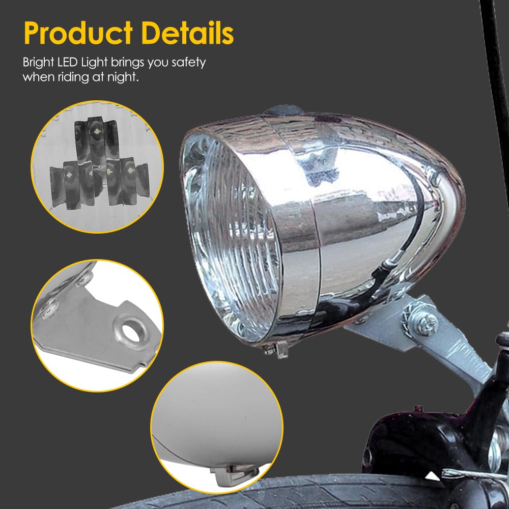 Bicycle Vintage Light, 3 Led Vintage Retro Bicycle Front Light Lamp, Vintage Bike Led Headlight Front Head Bike Lamp With Mounting Bracket (Silver)