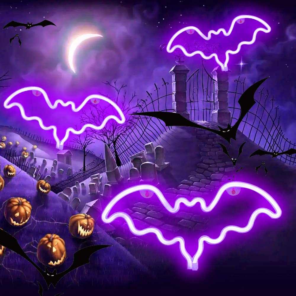 Vicila LED Neon Bat Sign, Purple Gothic Desk Lamp, Battery Operated, 39.4in x 7.1in, Halloween Decor