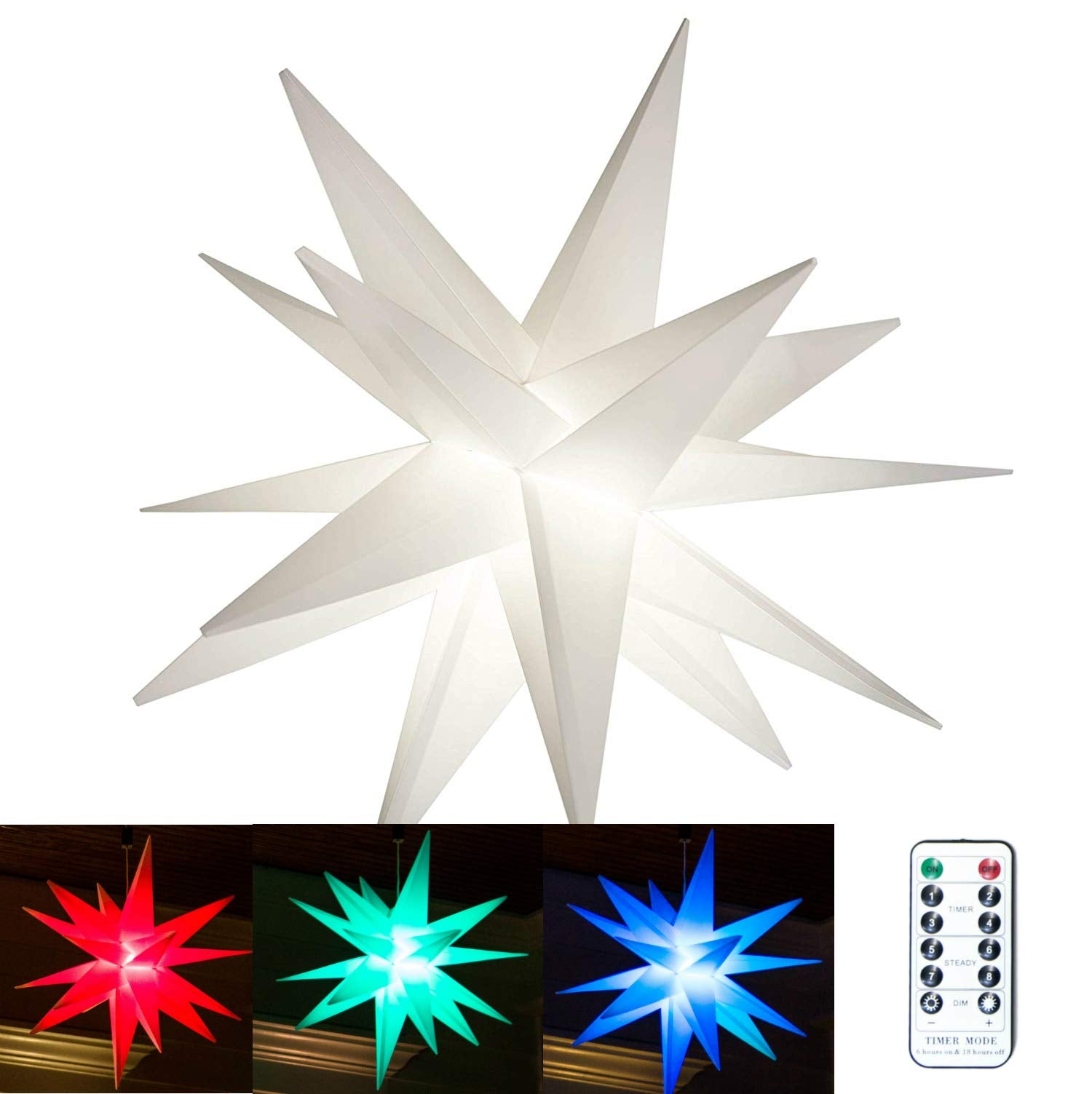 Elf Logic Large 18" Easy Assembly, Remote Controlled, Color Changing, Hanging LED Moravian Star Light. Use as Holiday Decoration, Porch Light, Advent Star, Wedding and Ballroom Venue Decor