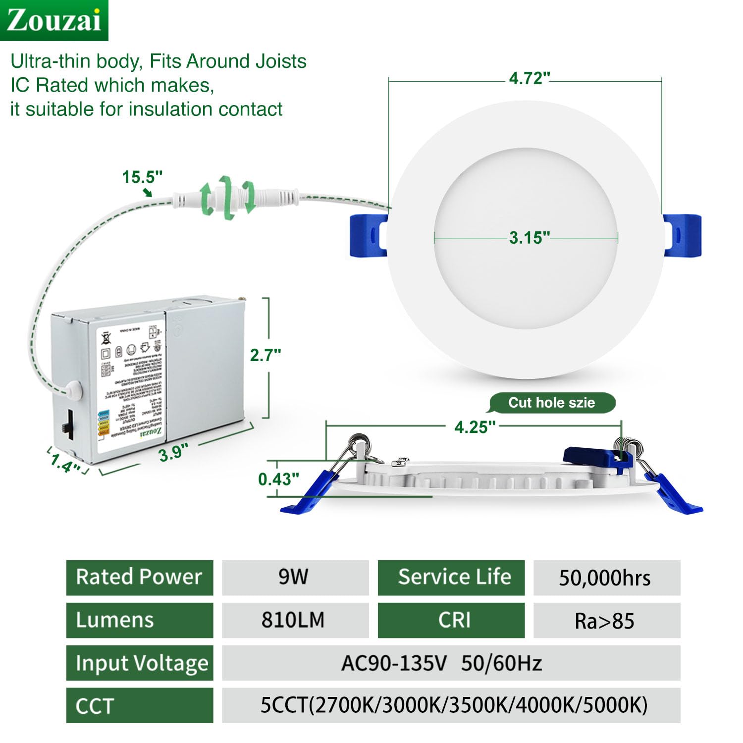 zouzai 4 Inch 9W Ultra-Thin LED Recessed Ceiling Light, Dimmable, 5CCT, Aluminum, Energy Star, ETL Certified - 6 Pack
