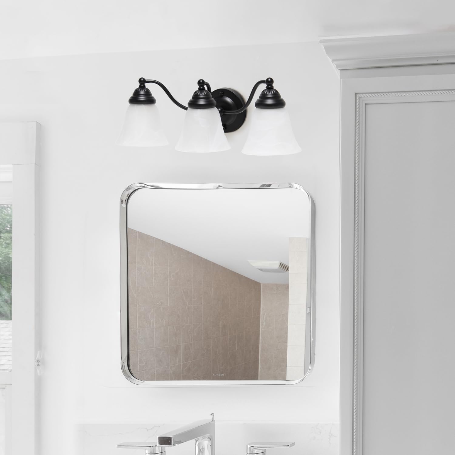 Simple Designs VT1023-BLK 19.25 Classic 3 Light Winding Metal and Frosted Marble White Bell Shape Glass Shades Decorative Wall M