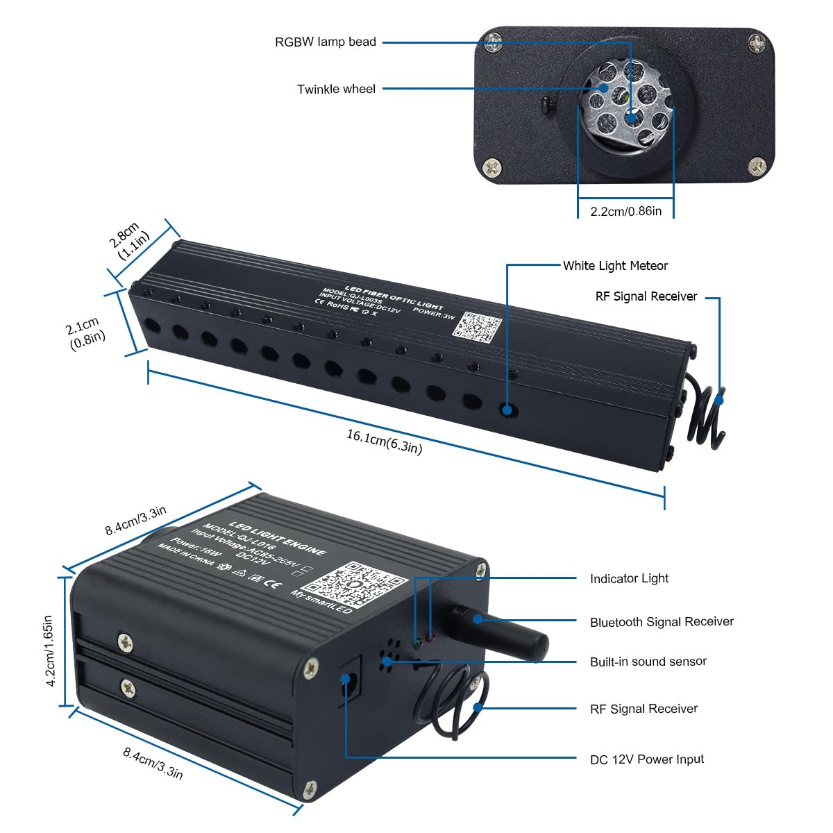 Akepo 16W Rgbw App Small Size Twinkle Meteor Fiber Optic Lights, Music Activated 650Pcs 0.03In 13.1Ft/4M Optical Fiber Star Ceil