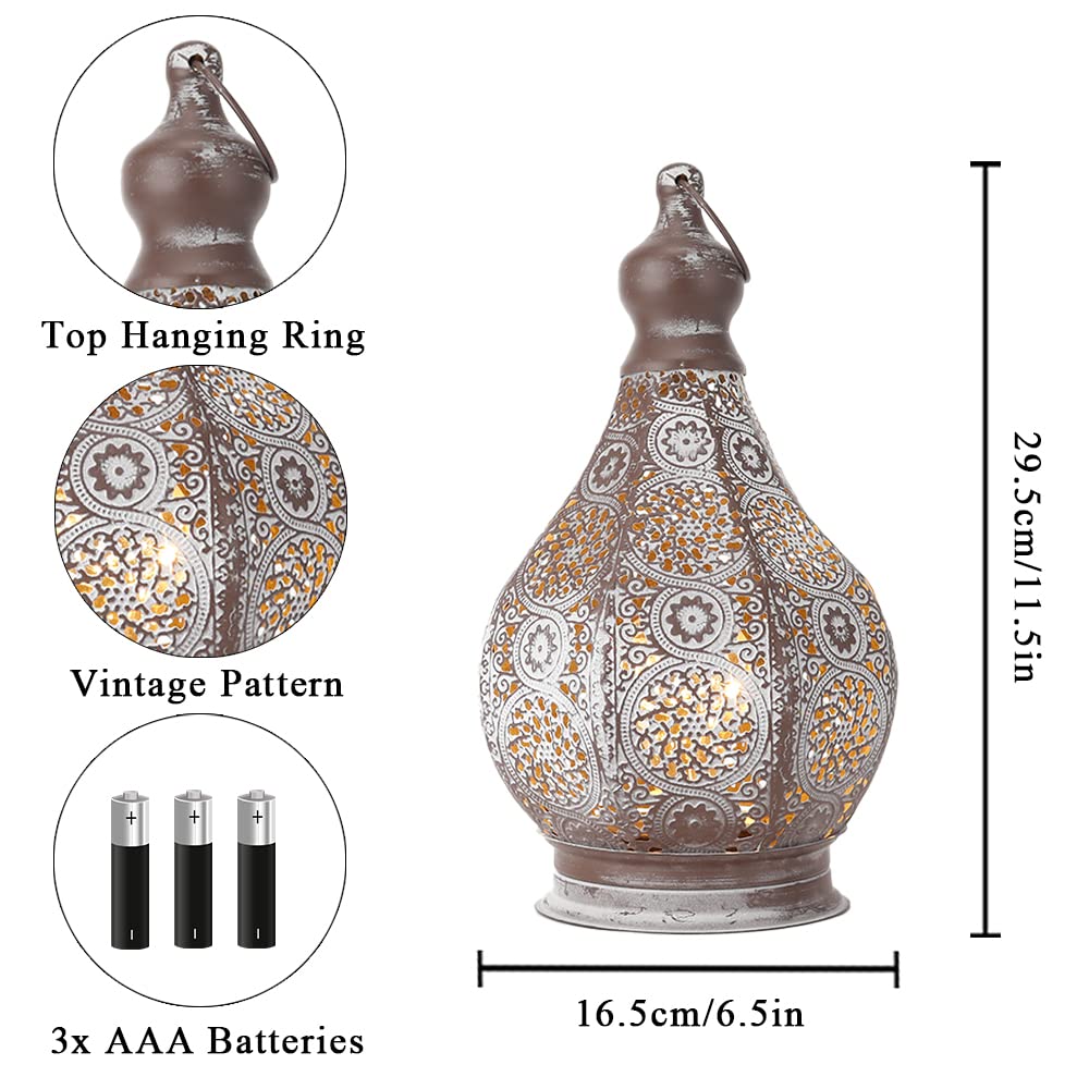 Jhy Design Vintage Moroccan Lantern Table Lamp, Battery Powered, 11.5" Metal Cordless Lamp