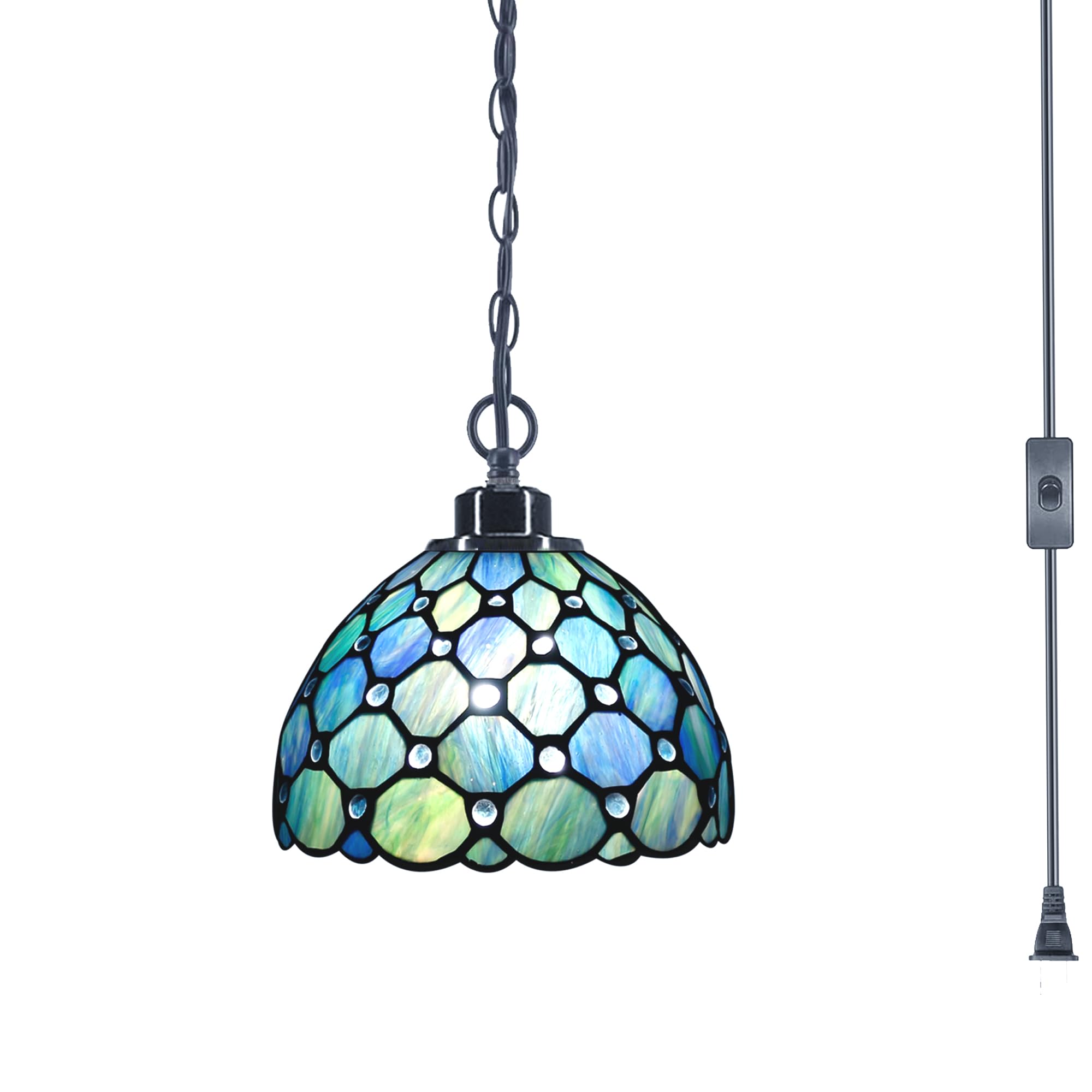 ZJART Small Tiffany Pendant Light Plug in Stained Glass Swag Lamp 8X8X181 Inch Hanging Lamp (Sea Blue Pearl, for Dining Room Liv