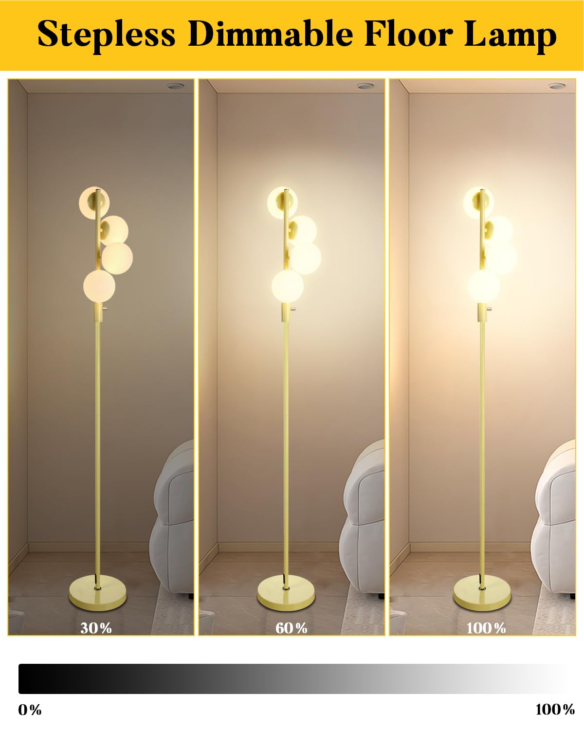 Lightdot 64In Dimmable (Brightness Adjustable) Globe Floor Lamp, Standing Lamps With 4Pcs 3000K G9 Bulbs Soft Warm White Eye Car