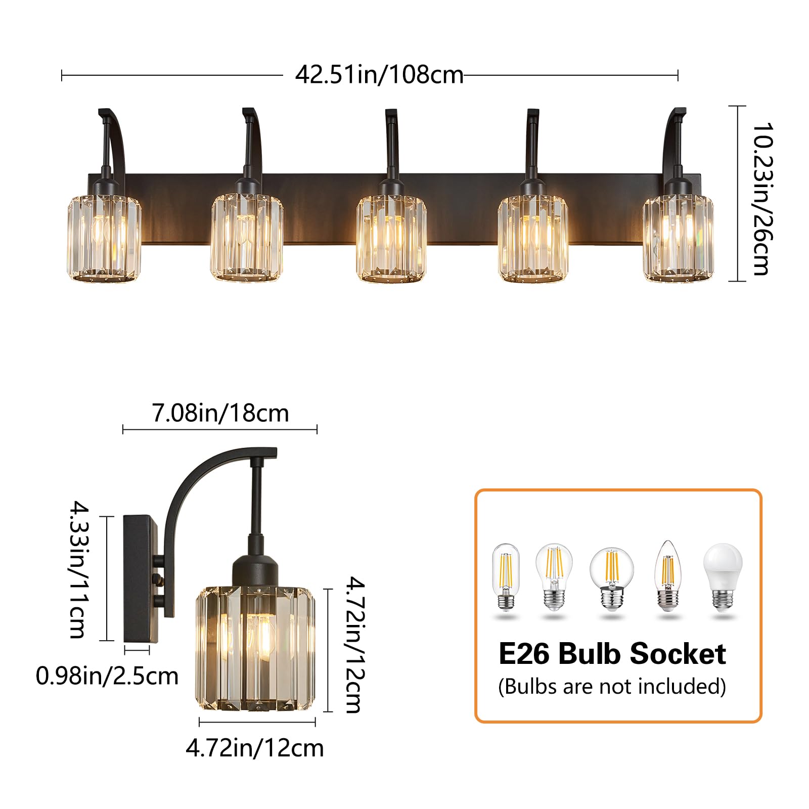 Fdpby 5-Light Crystal Vanity Light  Modern Black Bathroom Wall Sconce With K9 Crystal Shades  42.51 Long Over Mirror Lighting For Vanity  Makeup  Hallway  Elegant & Easy Installation