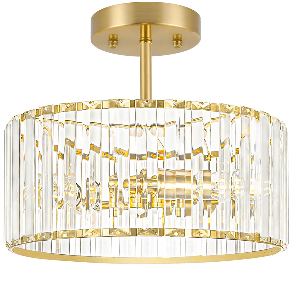 Lxybcce Modern Crystal Ceiling Light  Brushed Gold Semi Flush Mount Ceiling Lighting Fixture  Brass Hallway Light Fixtures Chandelier For Kitchen  Bedroom Dining Room Hallway Closet  3-Light  12 Inch