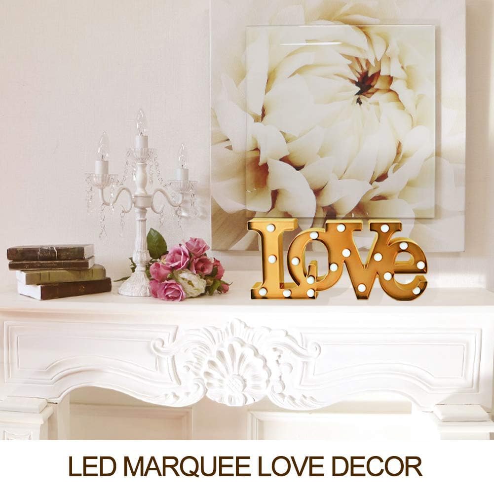 Bright Zeal LED Love Sign Wall Art - 16"x7" Marquee Light for Bedroom, Gold Finish, 18 Bulbs, 6hr Timer, Batteries Included