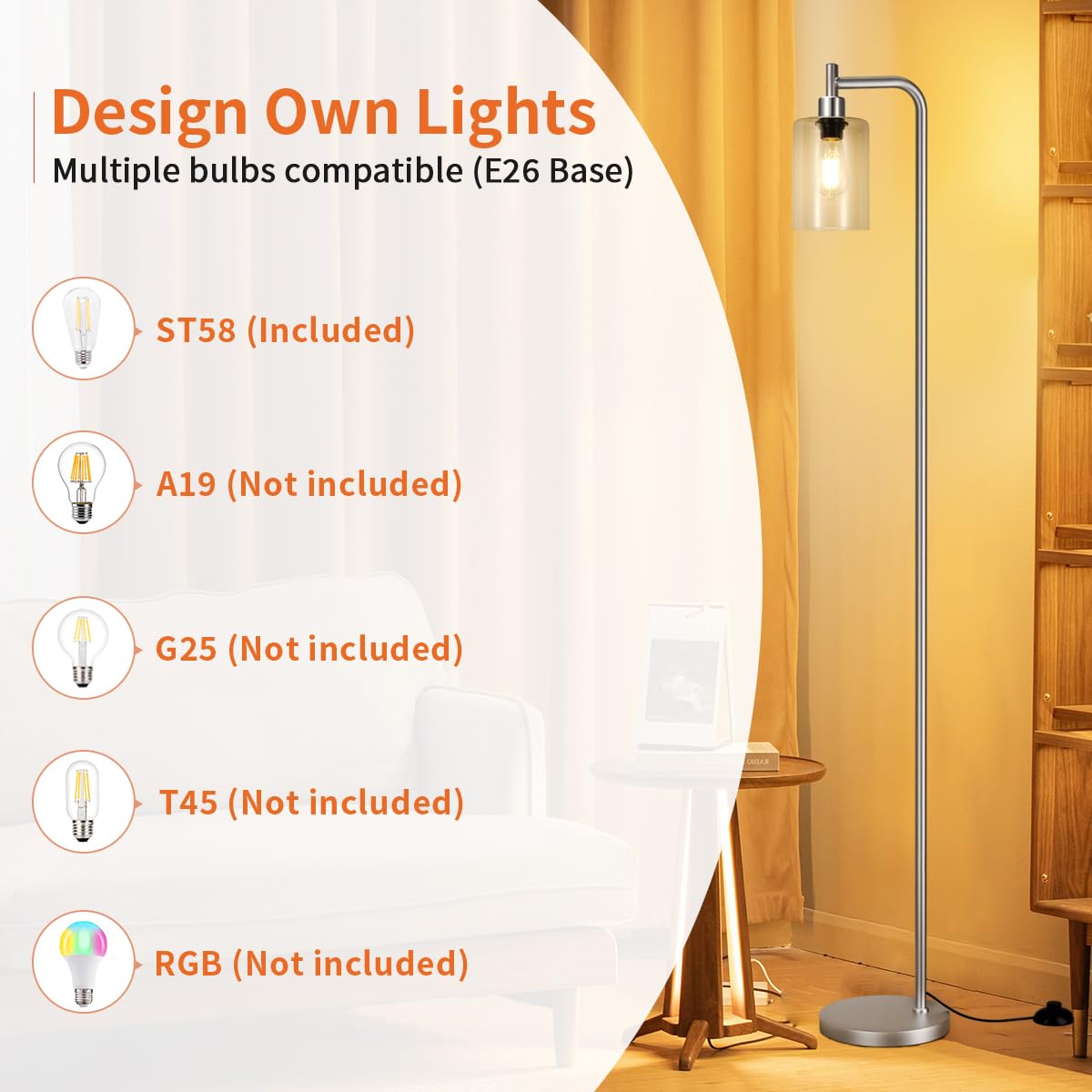 Ziisee Floor Lamps For Living Room - Industrial Standing Lamp With Glass Shade, Modern Floor Lamp With Led Bulbs, Tall Lamp For Bedroom Office - Brushed Nickel