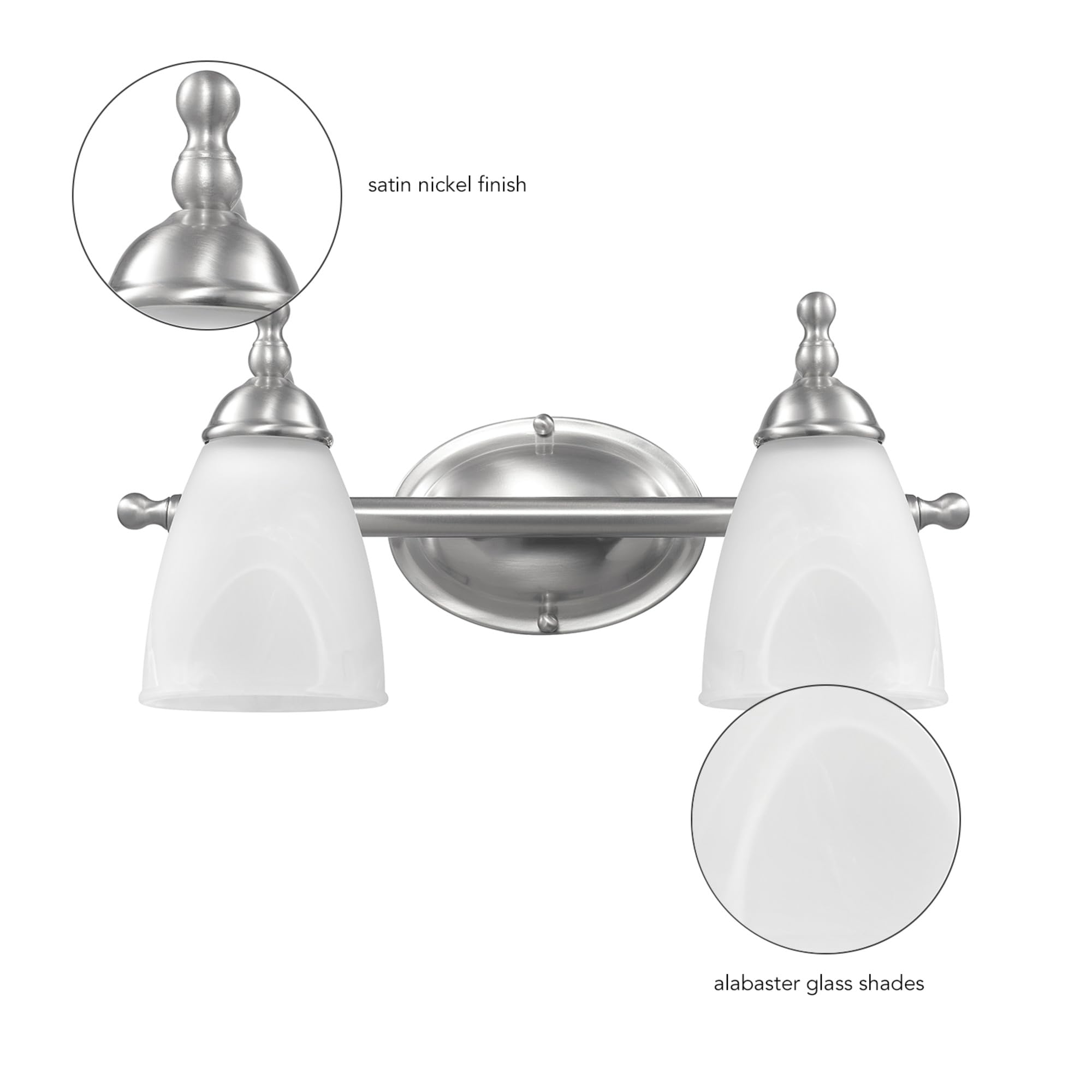 Globe Electric 63000104 3-Piece Bath Accessories, Satin Nickel Finish, 15'' 2-Light Vanity Light, Alabaster Glass Shades, Toilet